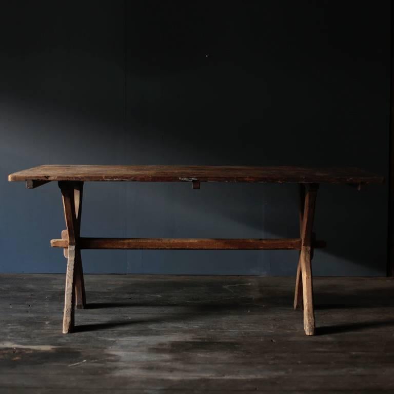Swedish X-Leg Table with Japanese Antique Table Top In Good Condition In Edogawa-ku Tokyo, JP