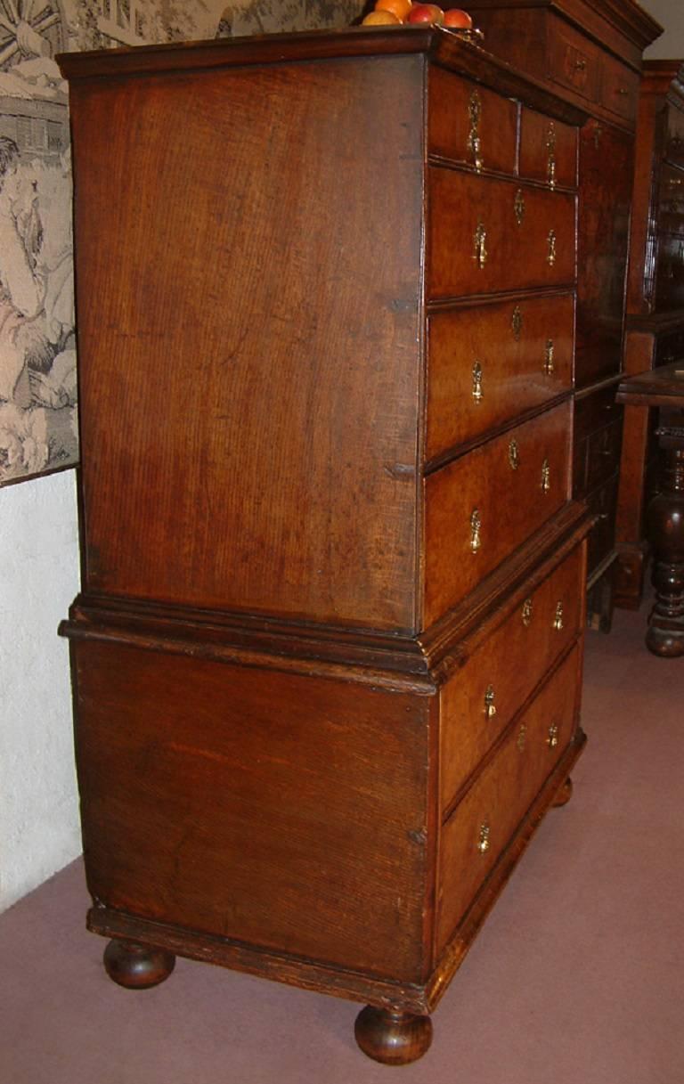A small Queen Anne period burr walnut, oak sided chest on stand dating from circa 1700. The top with shaped cornice above two short and three long burr walnut drawers with slanted cross banding and drop brass handles and escutcheons. The base with