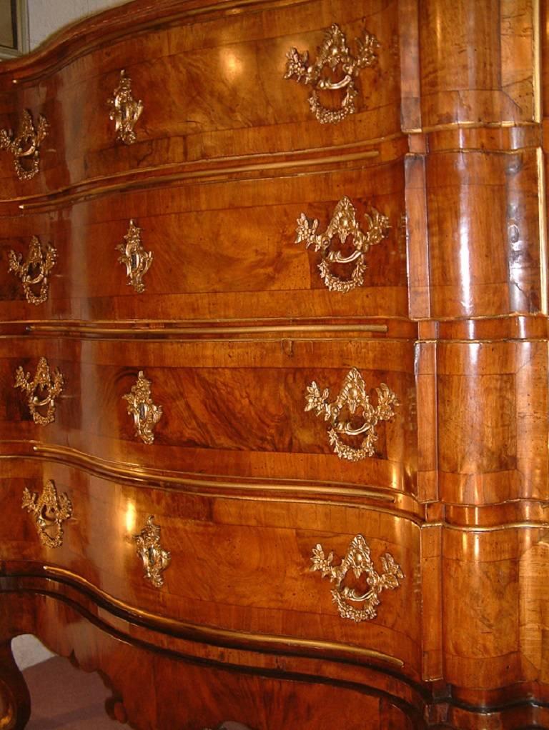 24k Gold Large 18th Century Walnut Commode of Arc en Arbalette Shaped Form, circa 1750