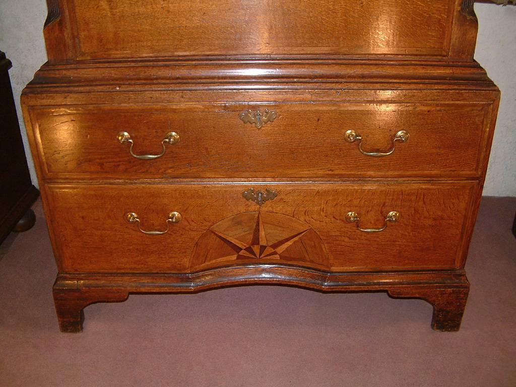 English Small George II Oak Chest on Chest with Concave Starburst Inlaid Panel