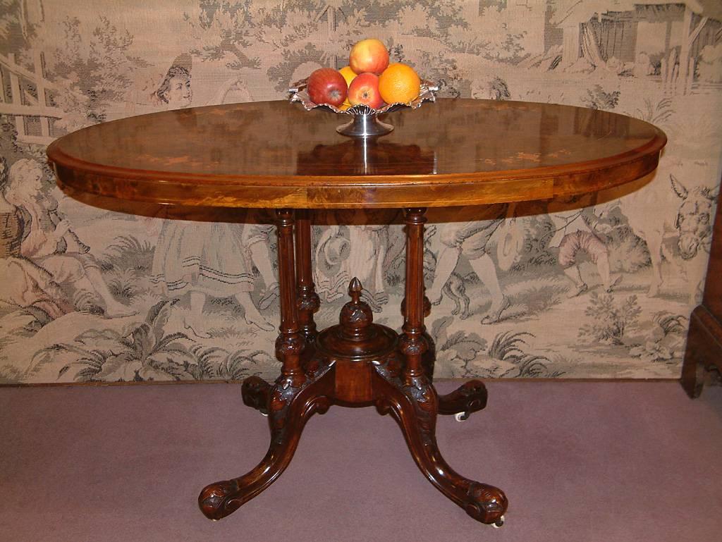 English Victorian Oval Burl Walnut Center Table, circa 1870