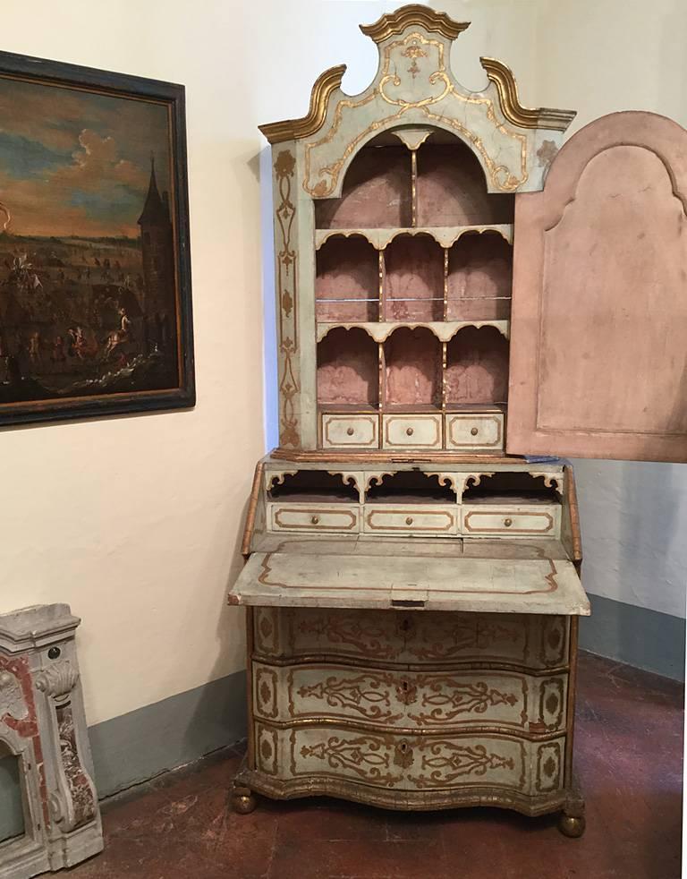 Italian Early 18th Century Venetian Painted, Gilt Bureau Cabinet, circa 1730 In Distressed Condition In East Sussex, GB