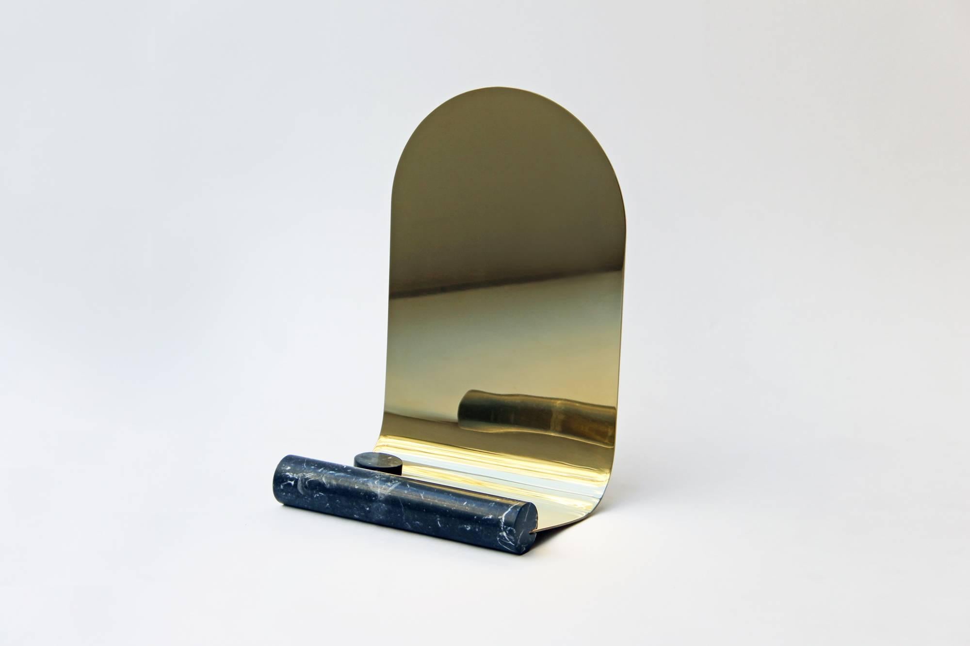 Brass mirror with Marquinia marble base and paperweight.