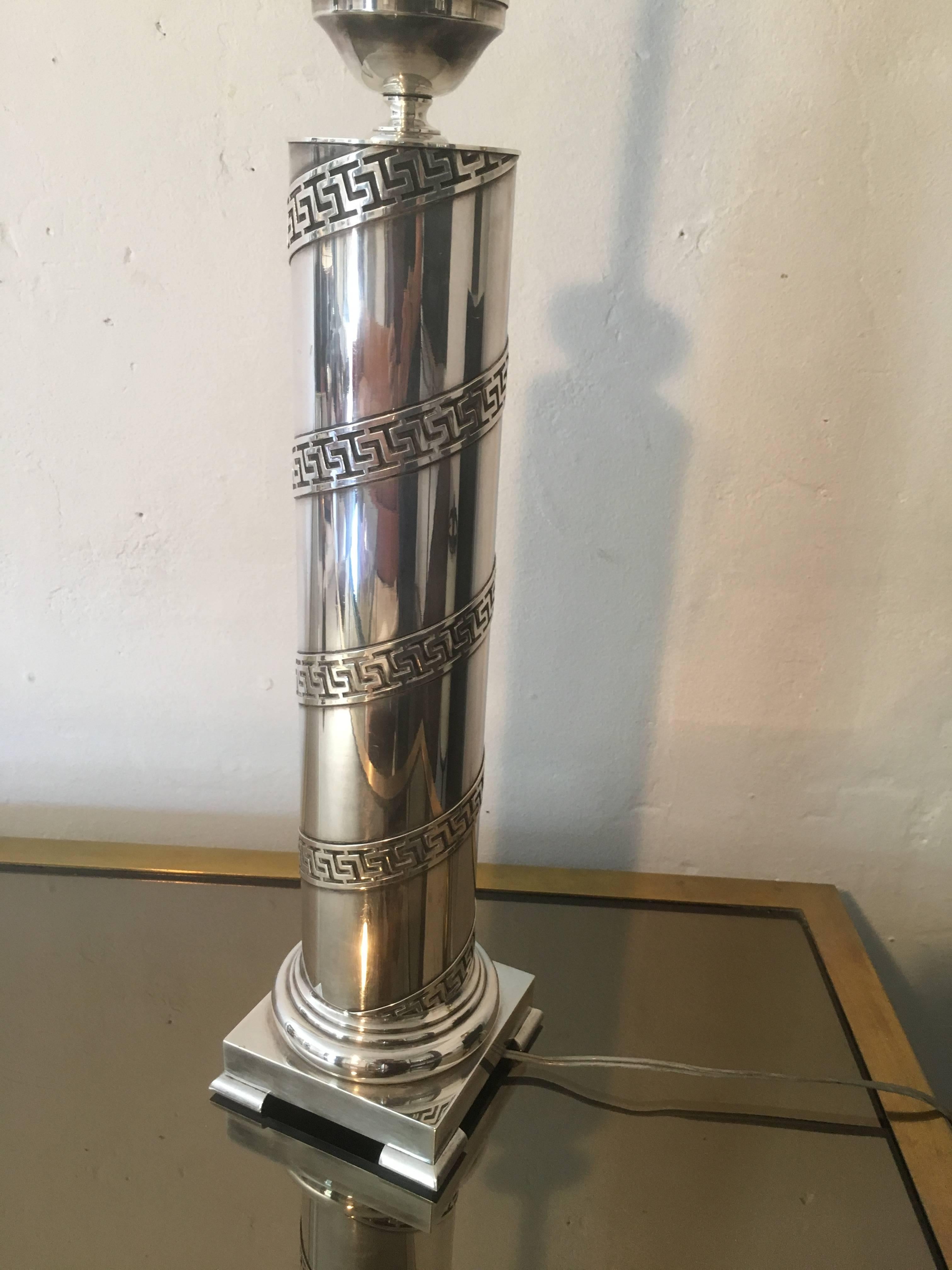 Beautiful large lamp. Silver plated. Very good condition.
Signed Plasait very famous goldsmith in Paris 1970. His shop was at Place des Vosges Paris.
This lamp is very close to artistic works of Maria Pergay.
 