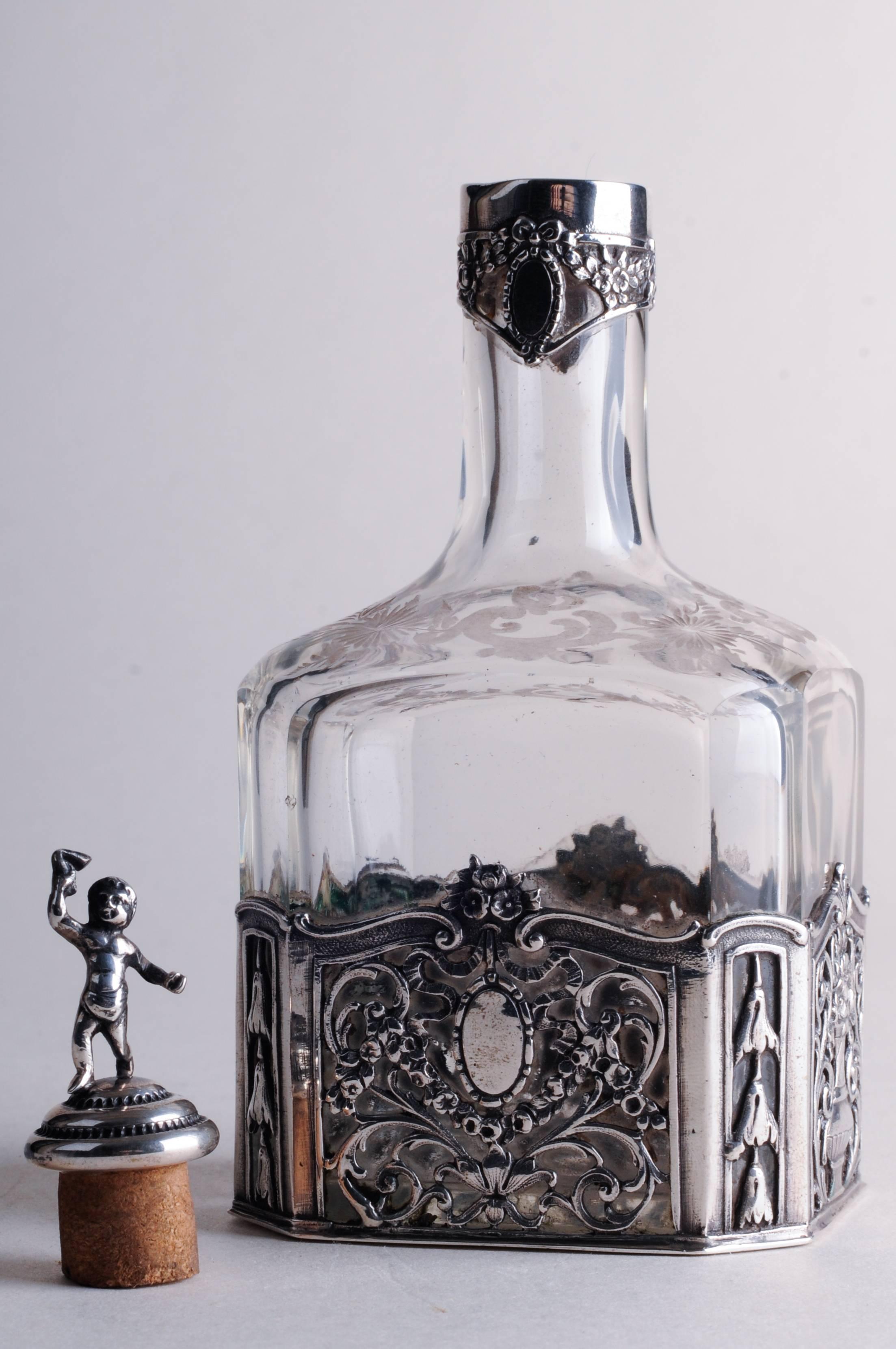 German Storck & Sinsheimer 1874-1926 Glass Silver Decanter For Sale