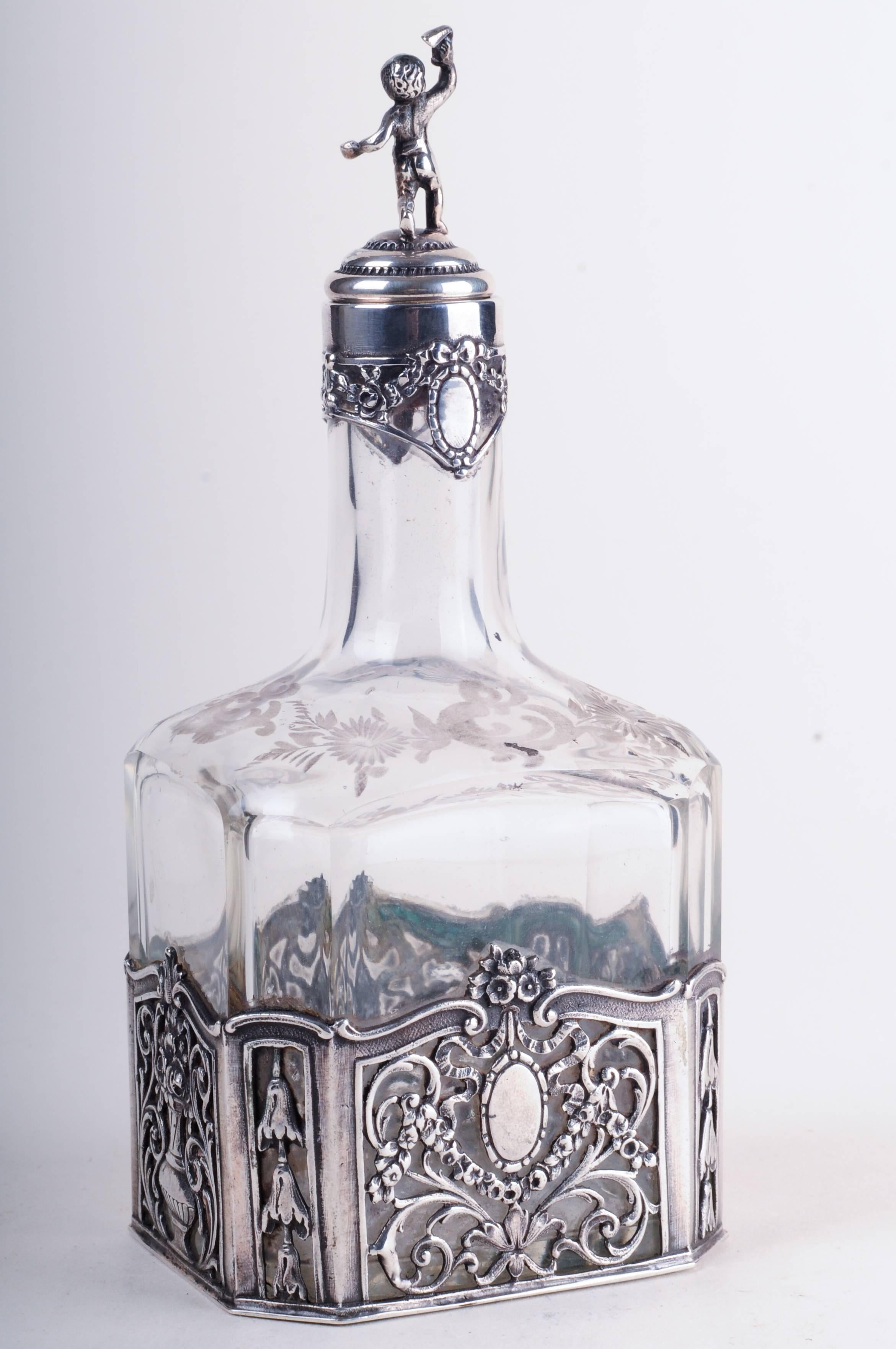 19th Century Storck & Sinsheimer 1874-1926 Glass Silver Decanter For Sale