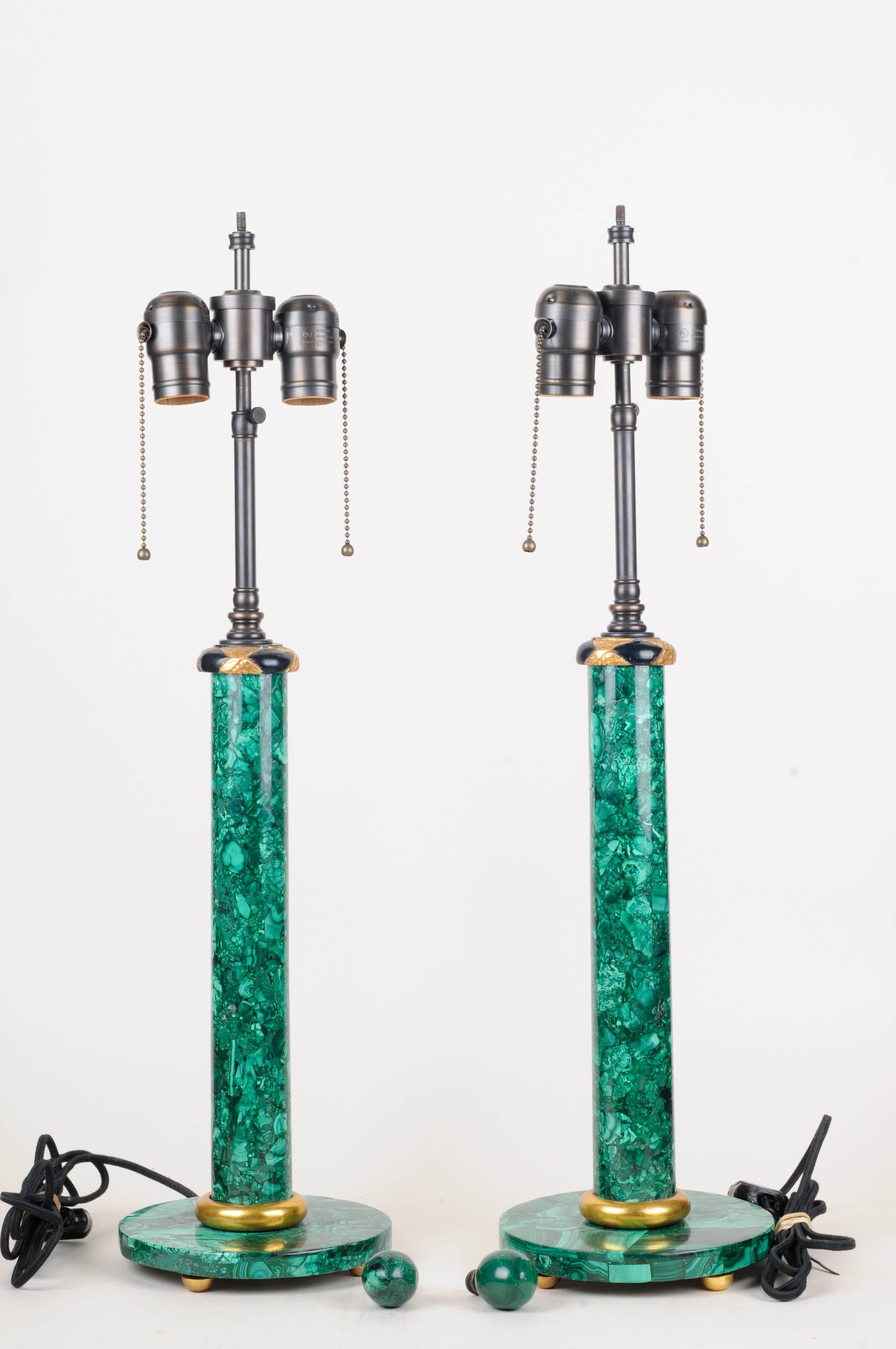 Mid-Century Modern Pair of Mid-Century Table Lamps with Malachite Veneer 