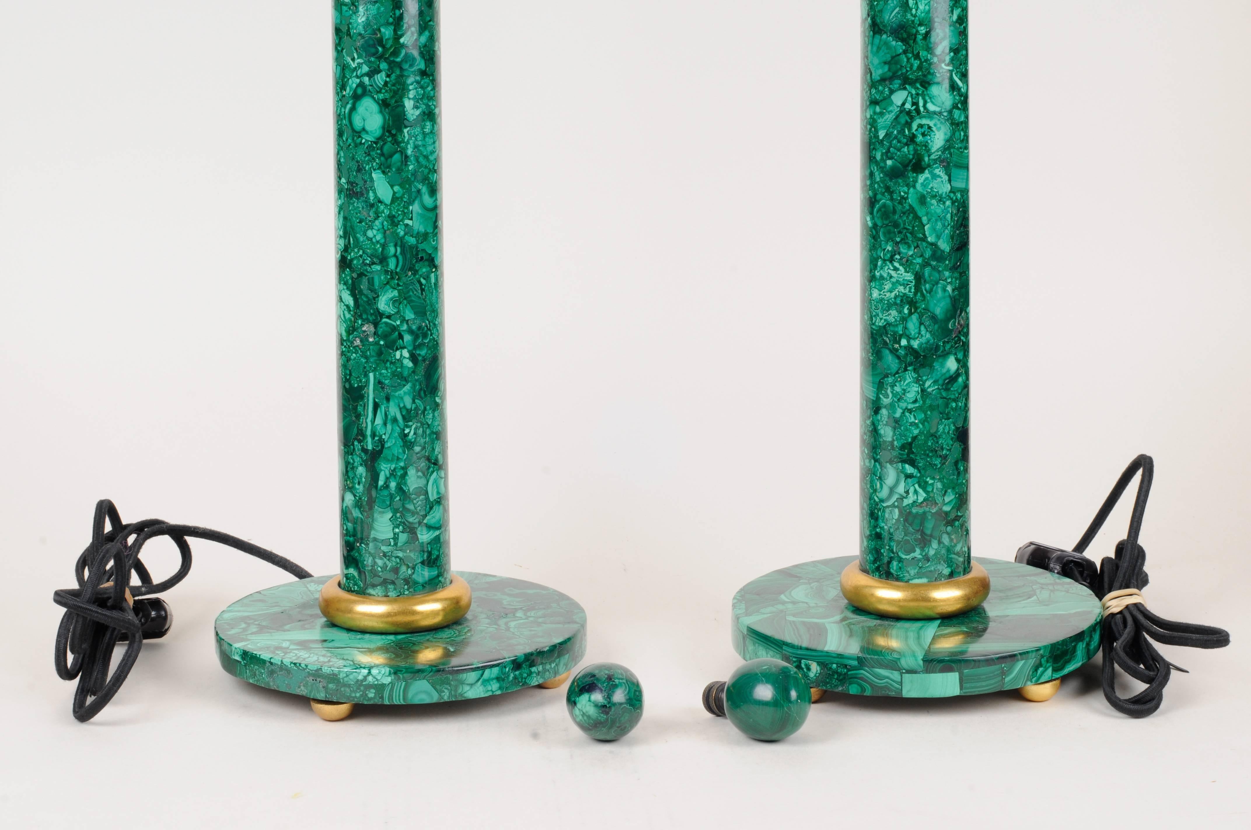 14k Gold Pair of Mid-Century Table Lamps with Malachite Veneer 