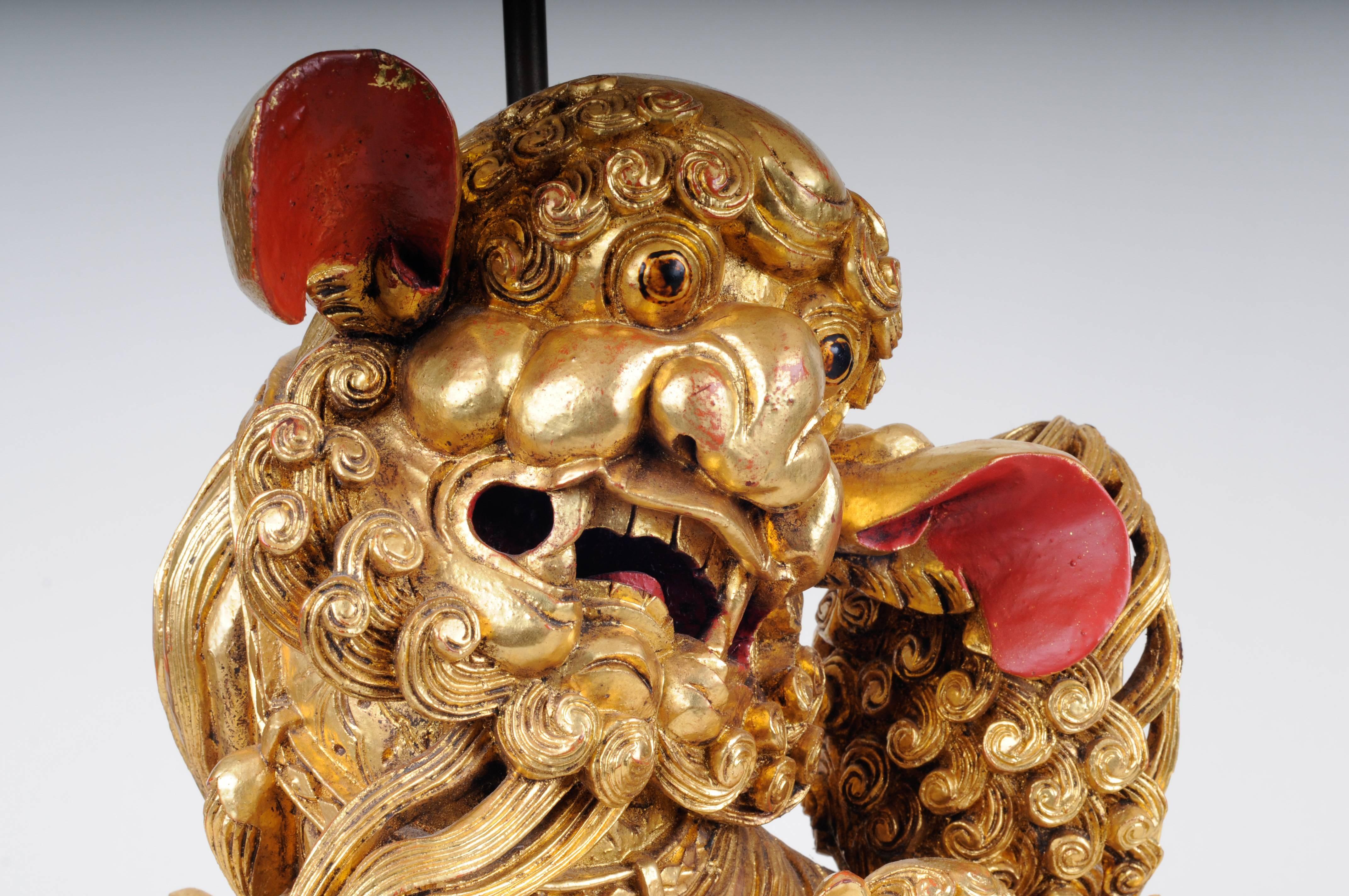 Pair of Carved Wood and Gilded Chinese Foo Dogs, 19th Century In Good Condition In Seattle, WA