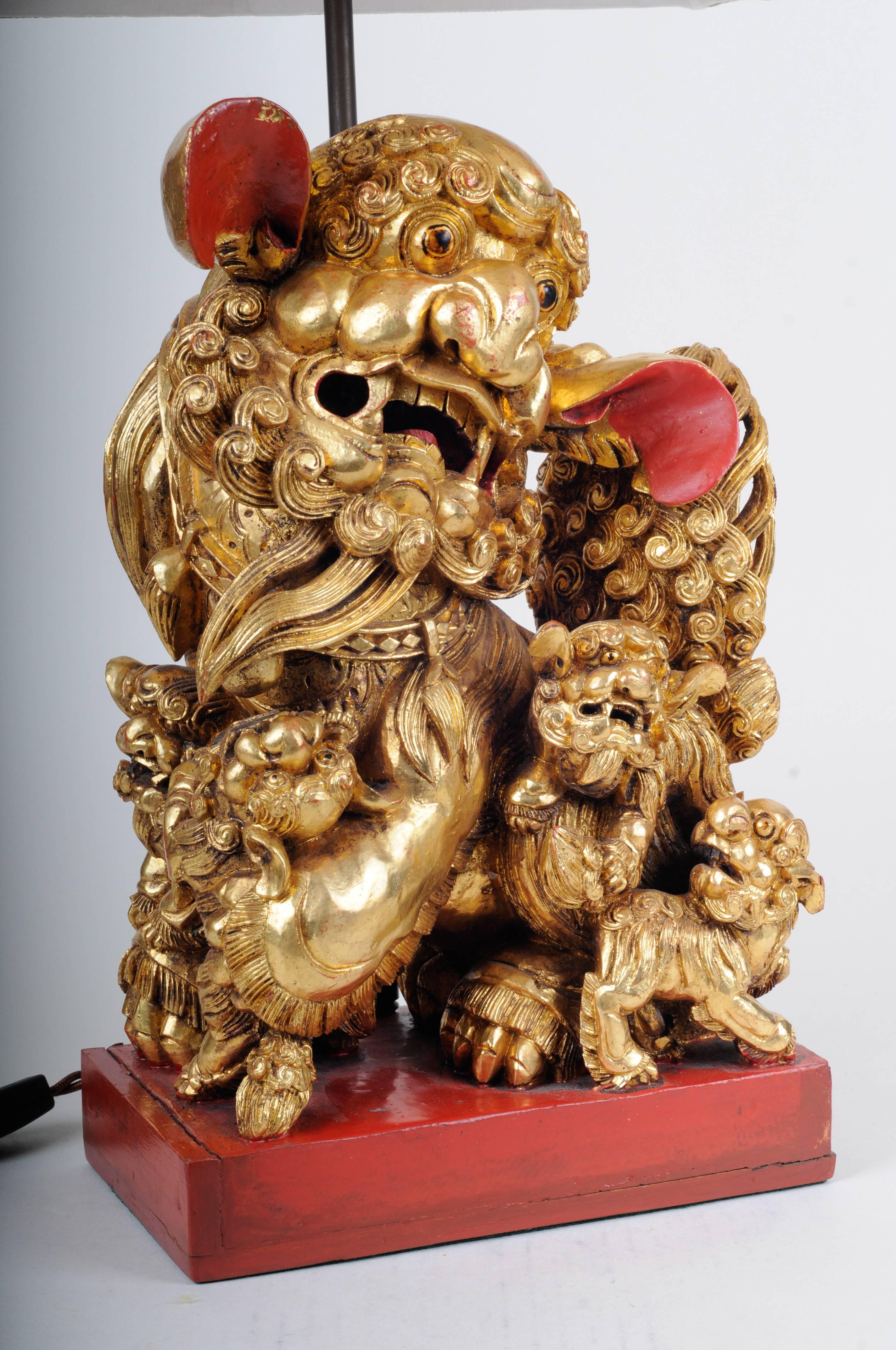 Pair of Carved Wood and Gilded Chinese Foo Dogs, 19th Century 3