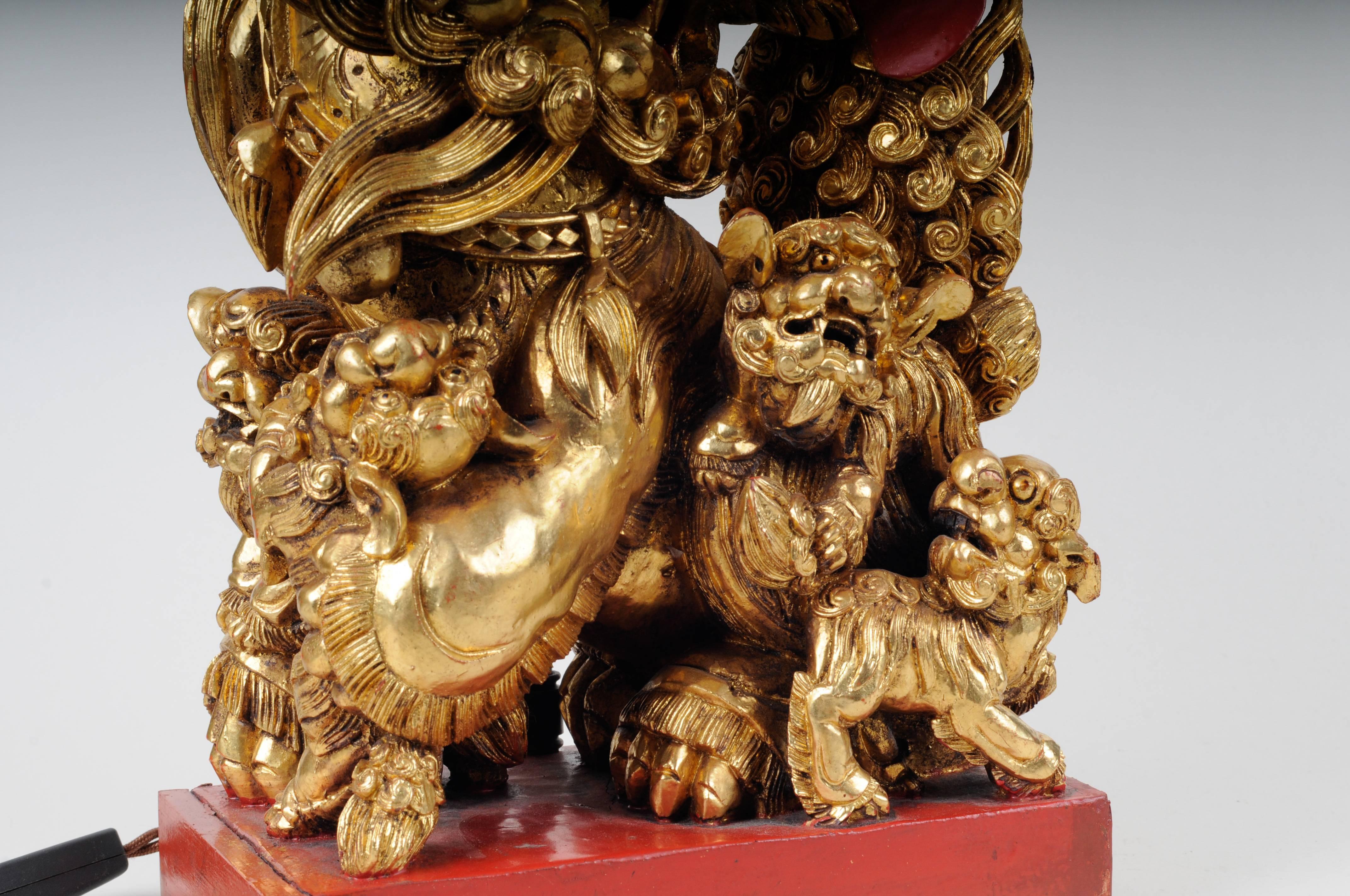 Pair of Carved Wood and Gilded Chinese Foo Dogs, 19th Century 5