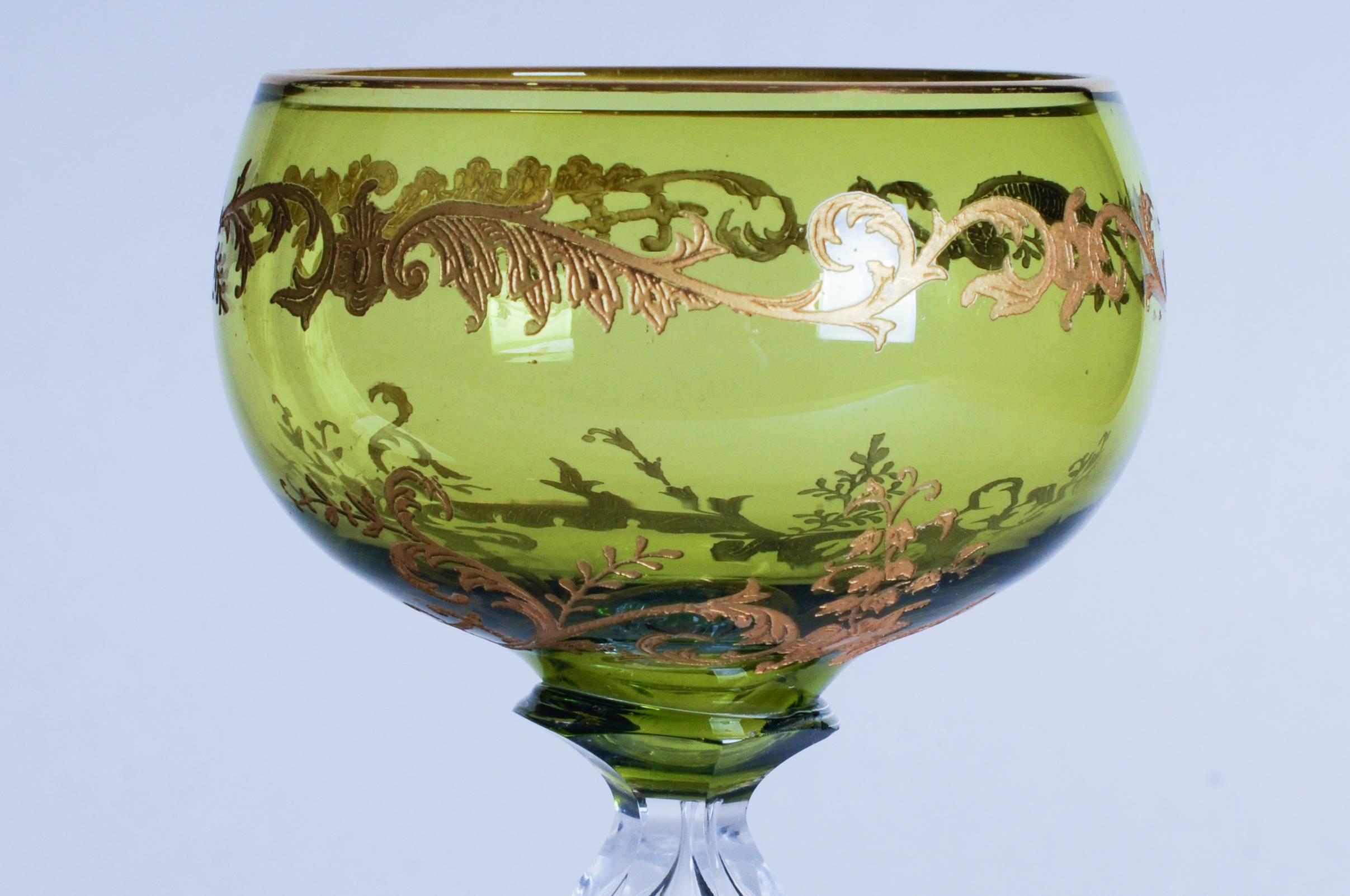 Six Saint Louis Crystal Beethoven Chartreuse Gold Encrusted Wine Hocks In Excellent Condition For Sale In Seattle, WA