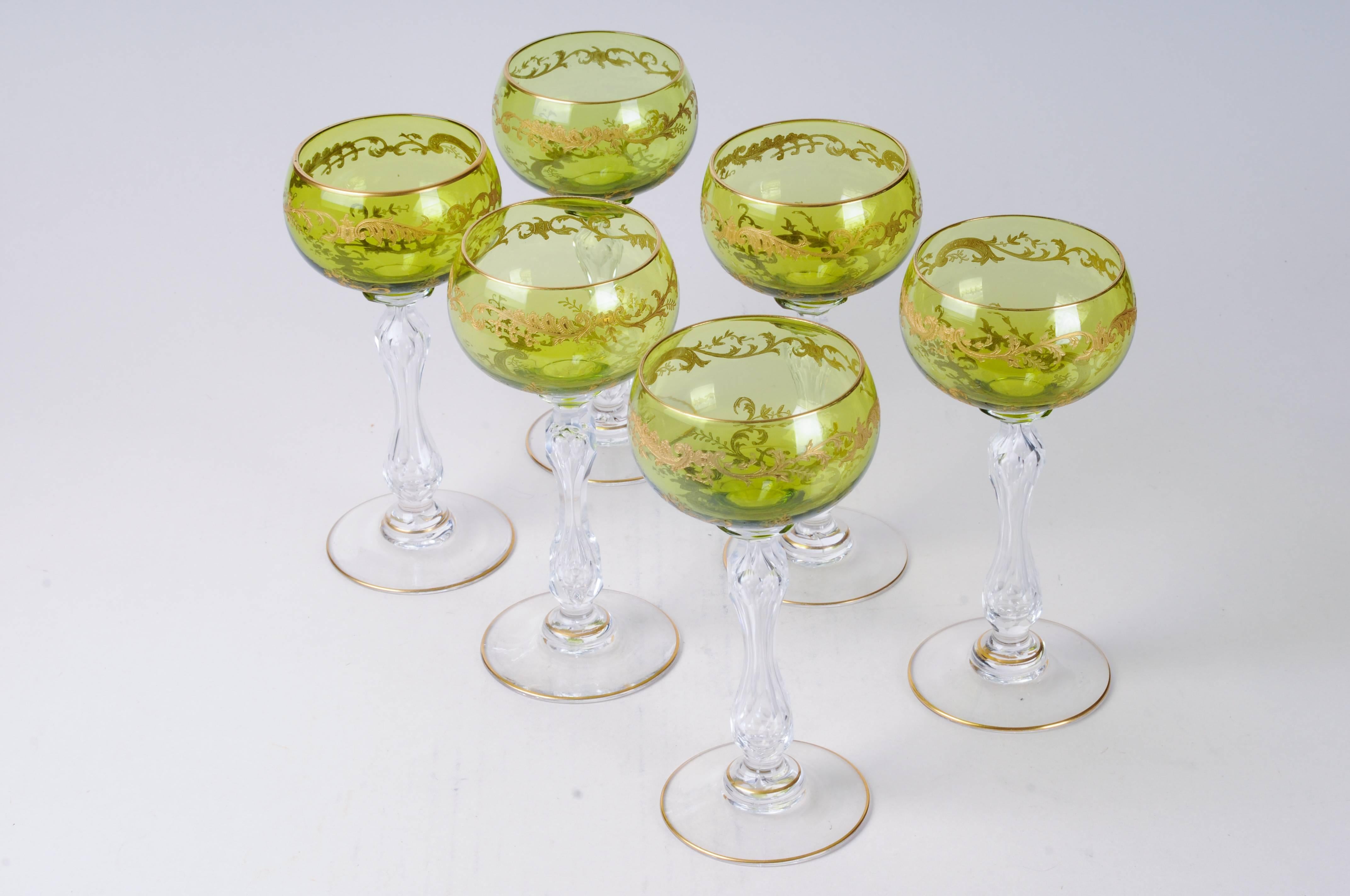 19th Century Six Saint Louis Crystal Beethoven Chartreuse Gold Encrusted Wine Hocks For Sale