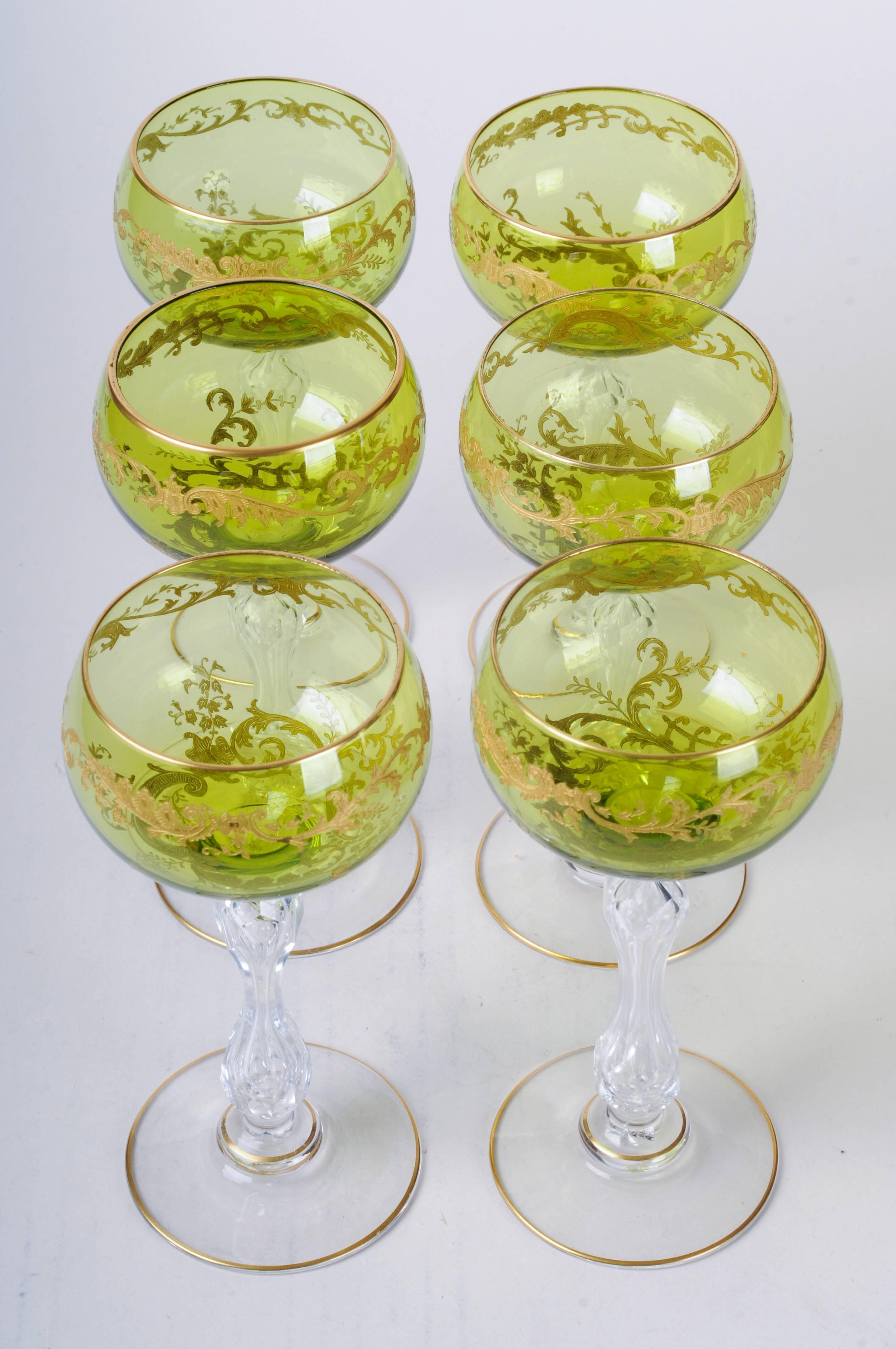 Six Saint Louis Crystal Beethoven Chartreuse Gold Encrusted Wine Hocks For Sale 2