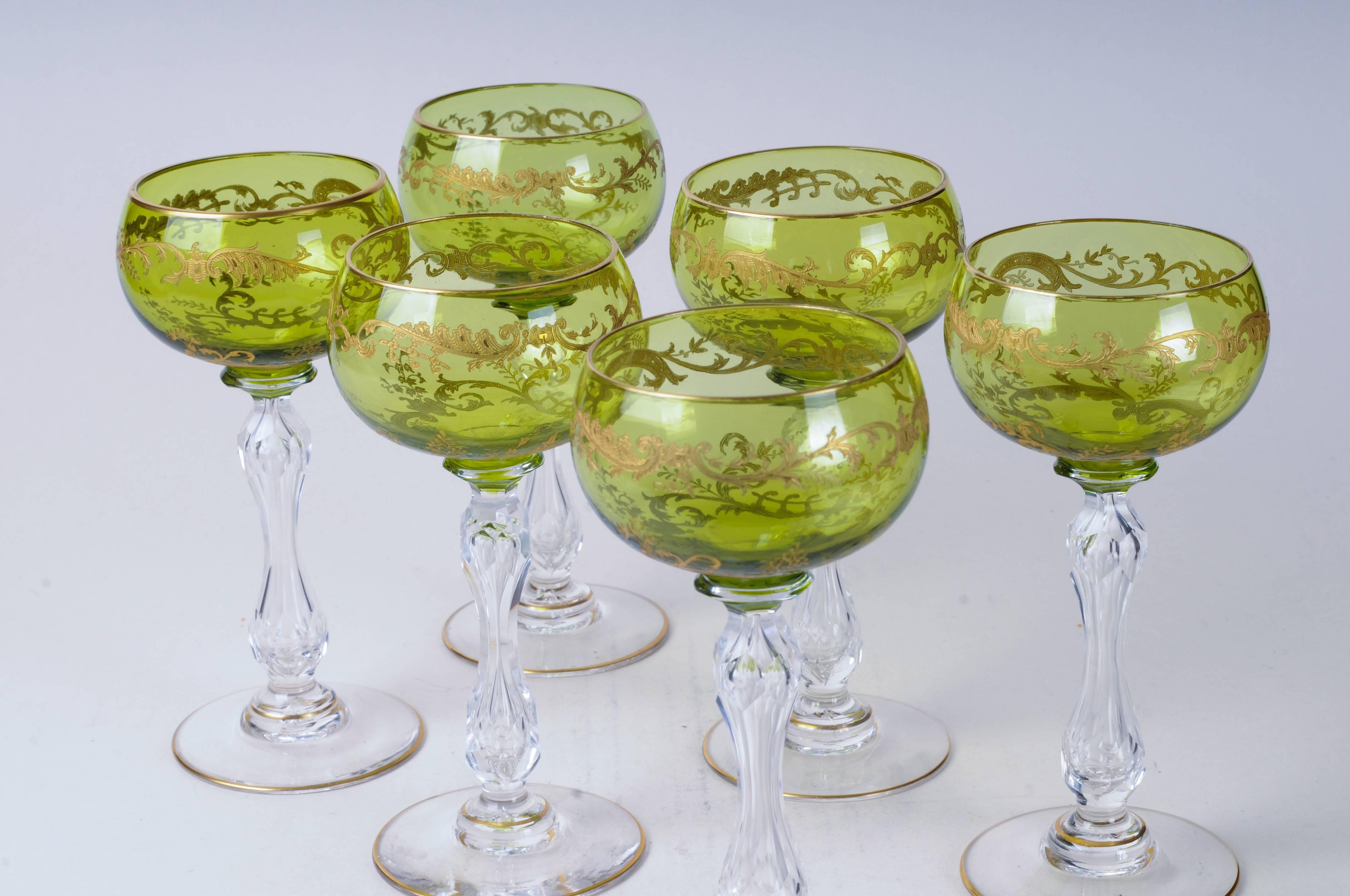 Six Saint Louis Crystal Beethoven Chartreuse Gold Encrusted Wine Hocks For Sale 4
