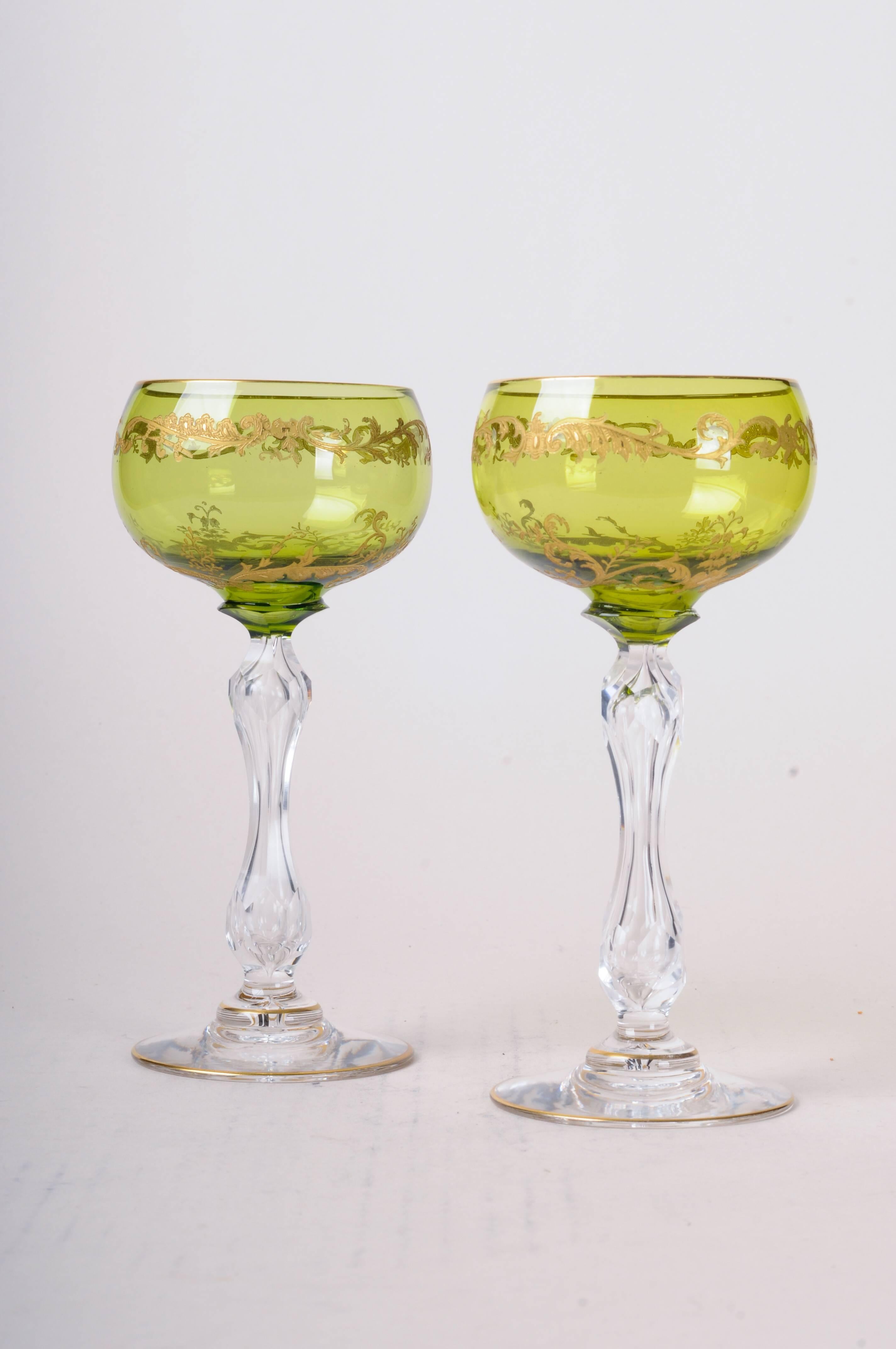 Six Saint Louis Crystal Beethoven Chartreuse Gold Encrusted Wine Hocks For Sale 3