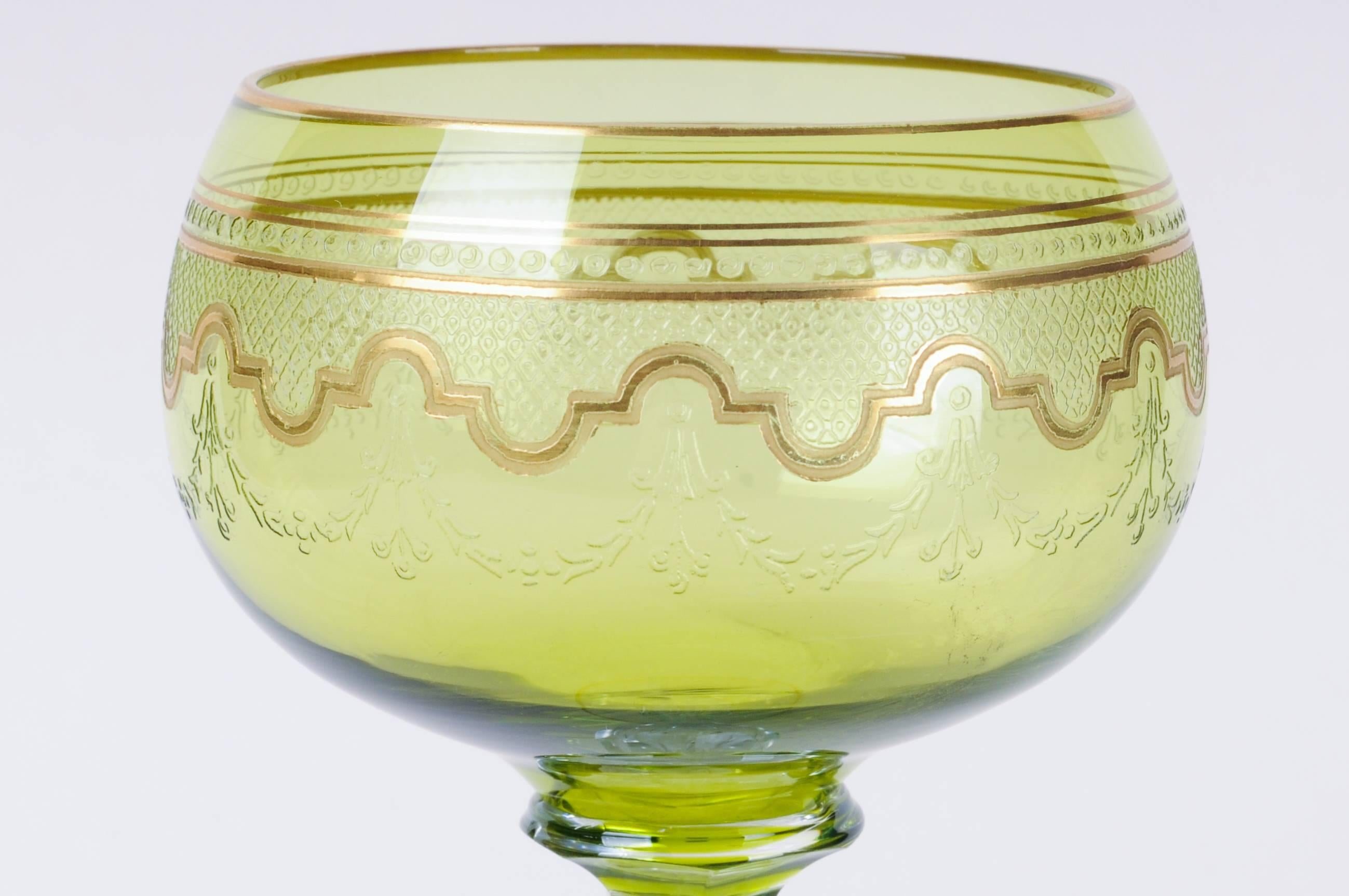19th Century Eight Saint Louis Crystal Beethoven Chartreuse Gold Encrusted Wine Hocks For Sale