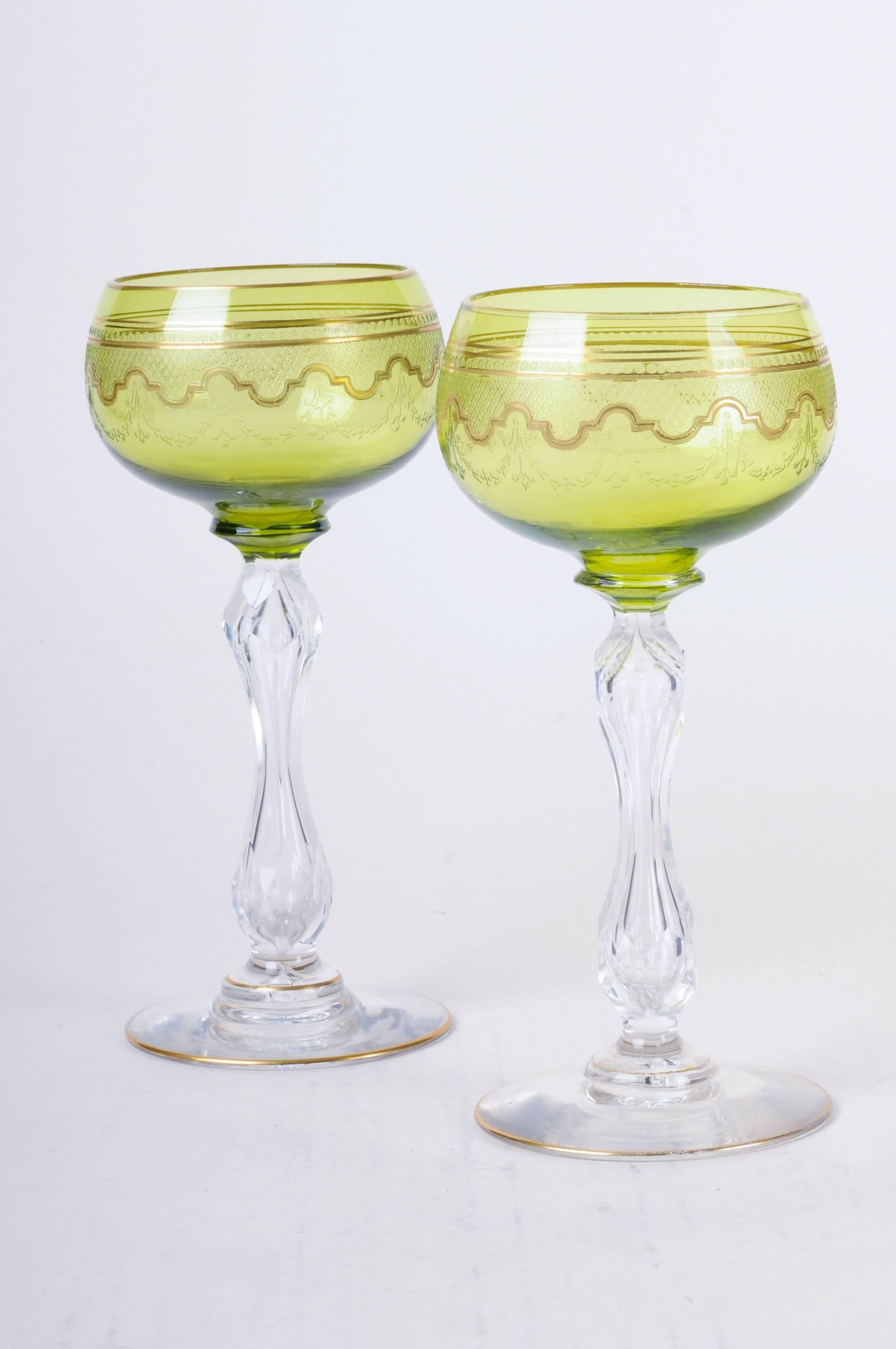 Eight Saint Louis Crystal Beethoven Chartreuse Gold Encrusted Wine Hocks For Sale 3