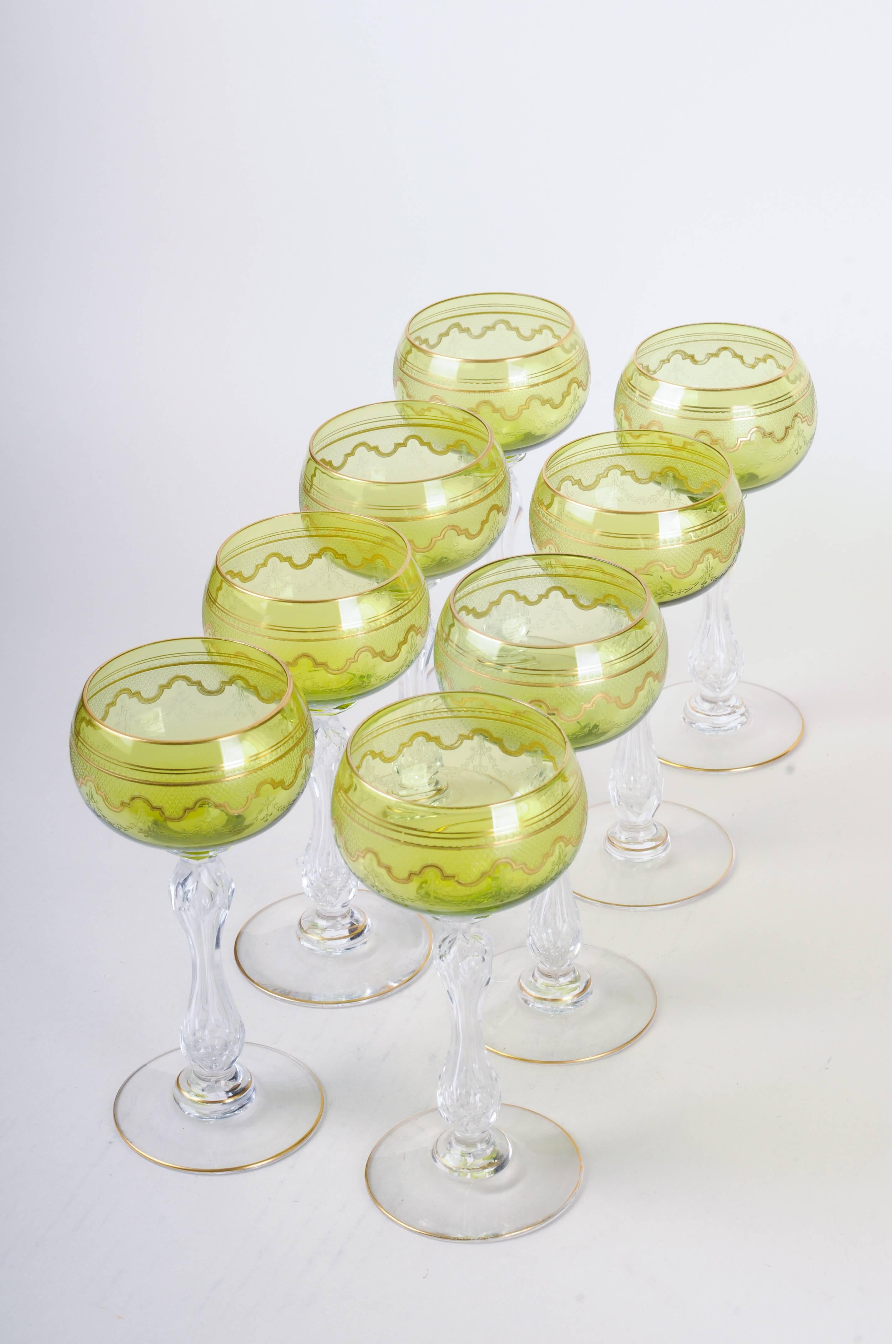 Eight Saint Louis Crystal Beethoven Chartreuse Gold Encrusted Wine Hocks For Sale 1