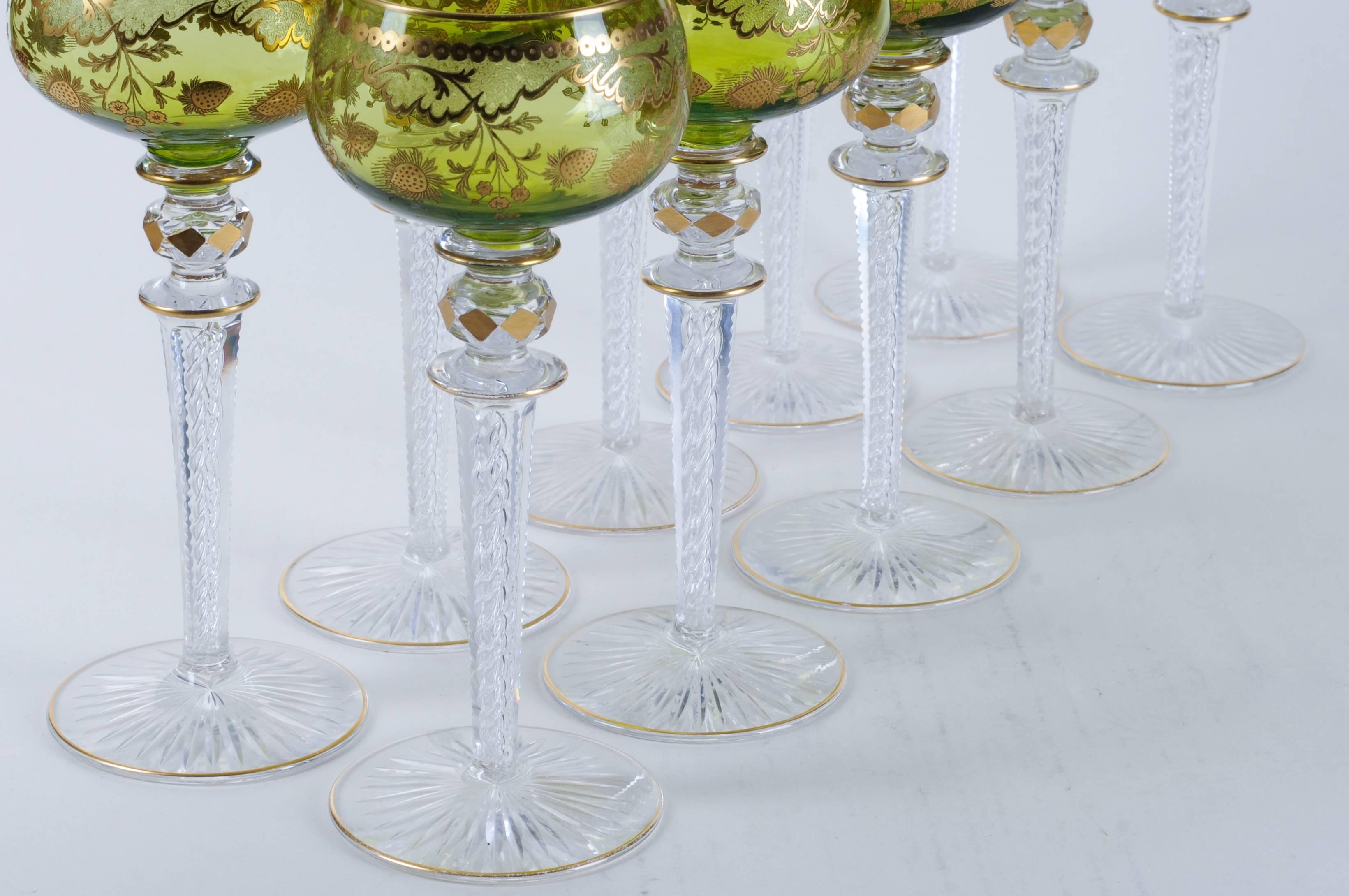 French Ten Beethoven Green Saint Louis Etched Crystal Glass Wine Hocks Goblets