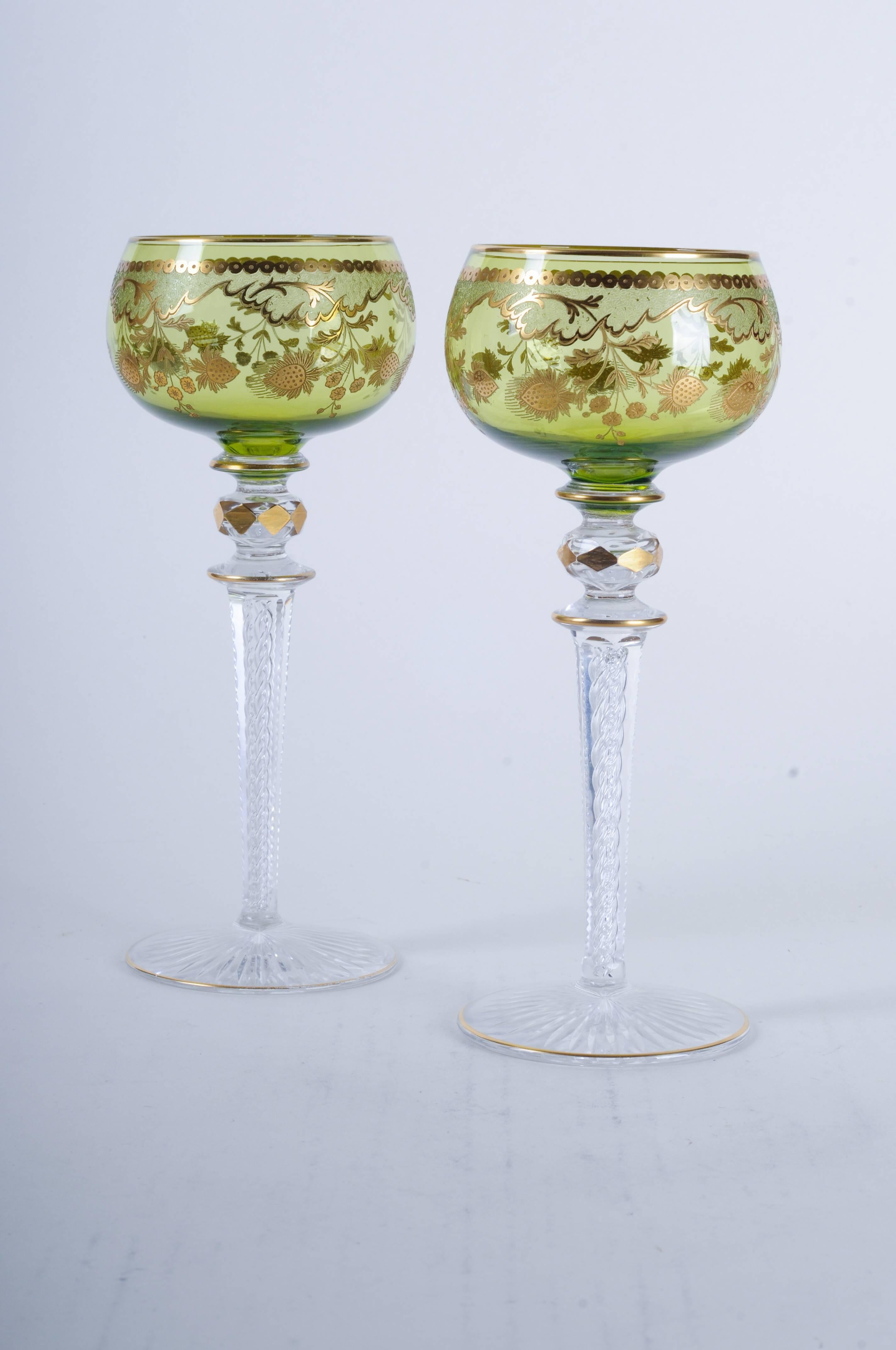 Ten Beethoven Green Saint Louis Etched Crystal Glass Wine Hocks Goblets In Good Condition In Seattle, WA