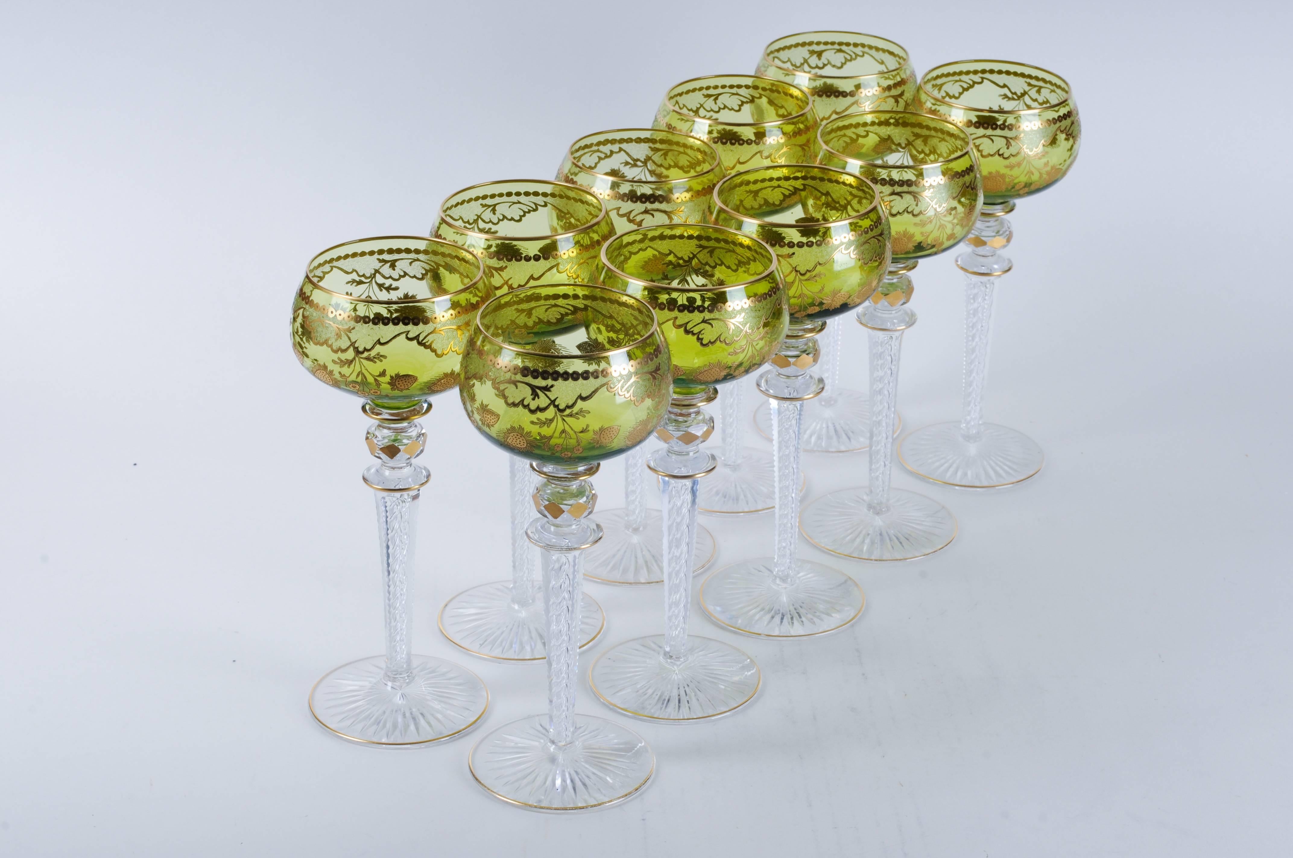 Ten Beethoven Green Saint Louis Etched Crystal Glass Wine Hocks Goblets 2