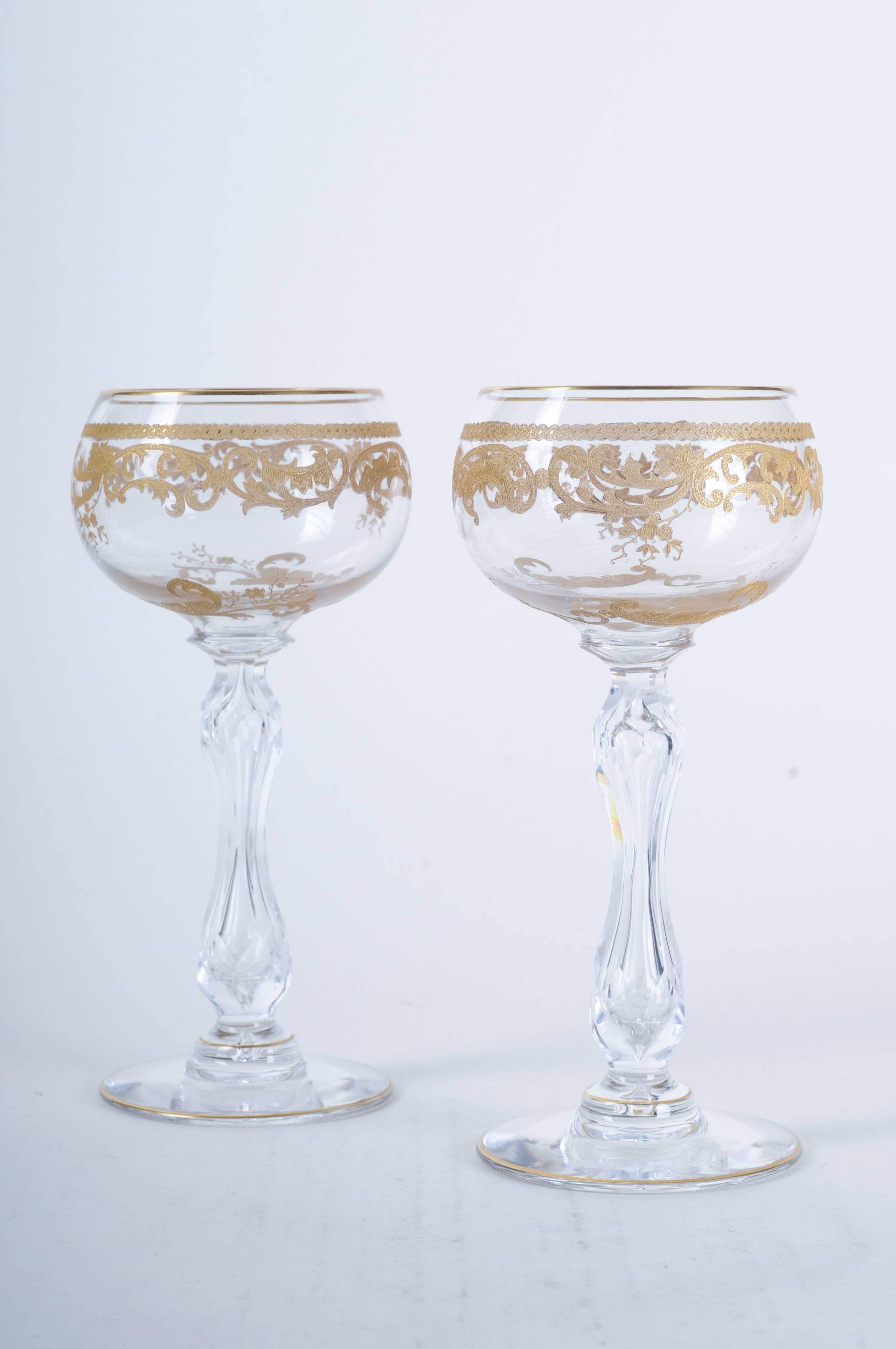 Set of 12 saint louis clear crystal gold and crusted wine hocks.

Beautiful cut stems with six sides. Pristine condition.

The Compagnie Des Cristalleries De Saint Louis is a corporation, founded in 1767 in Münzthal (Saint-Louis-lès-Bitche in