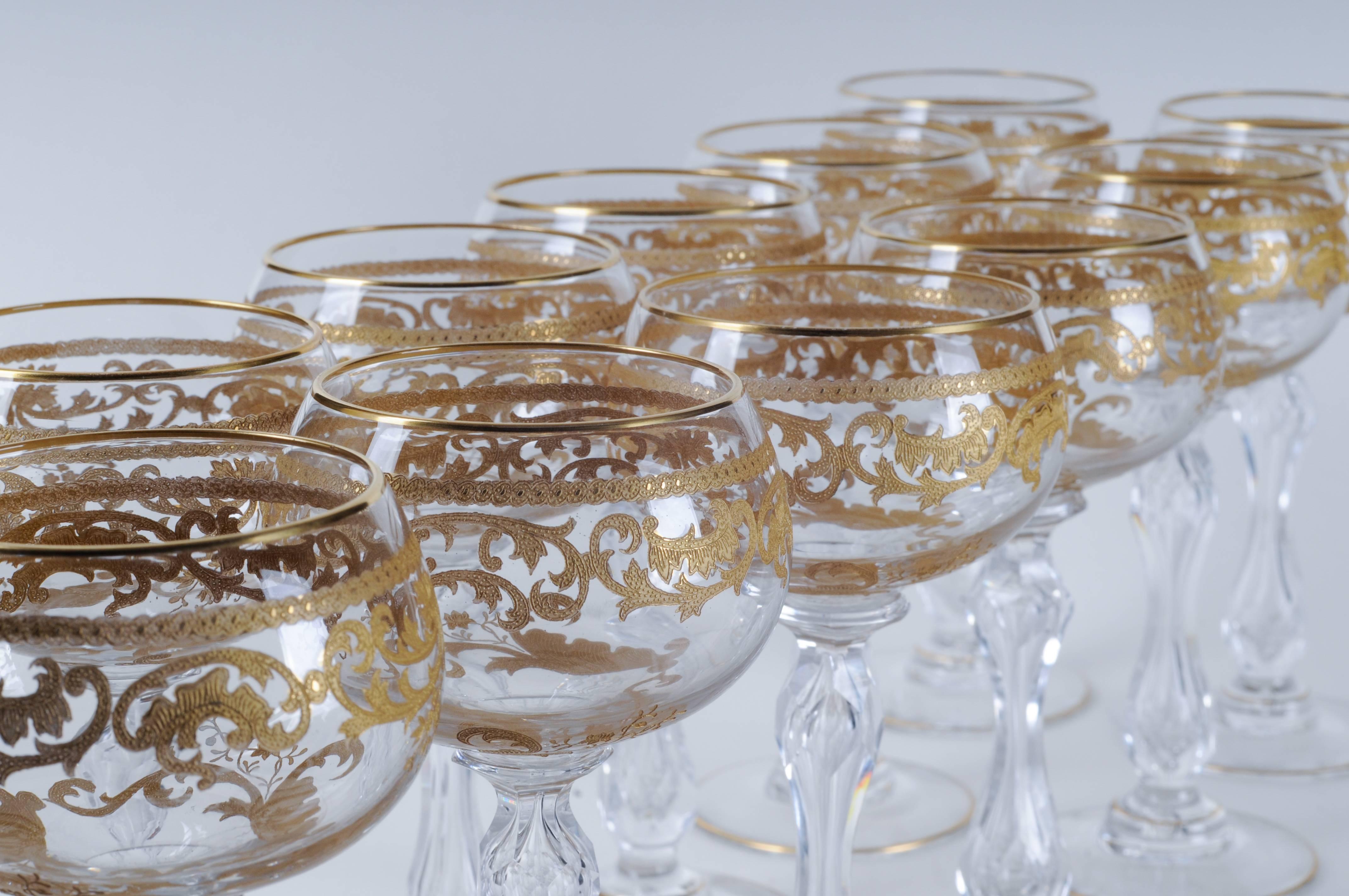 Set of 12 Saint Louis Clear Crystal Gold and Crusted Wine Hocks For Sale 2