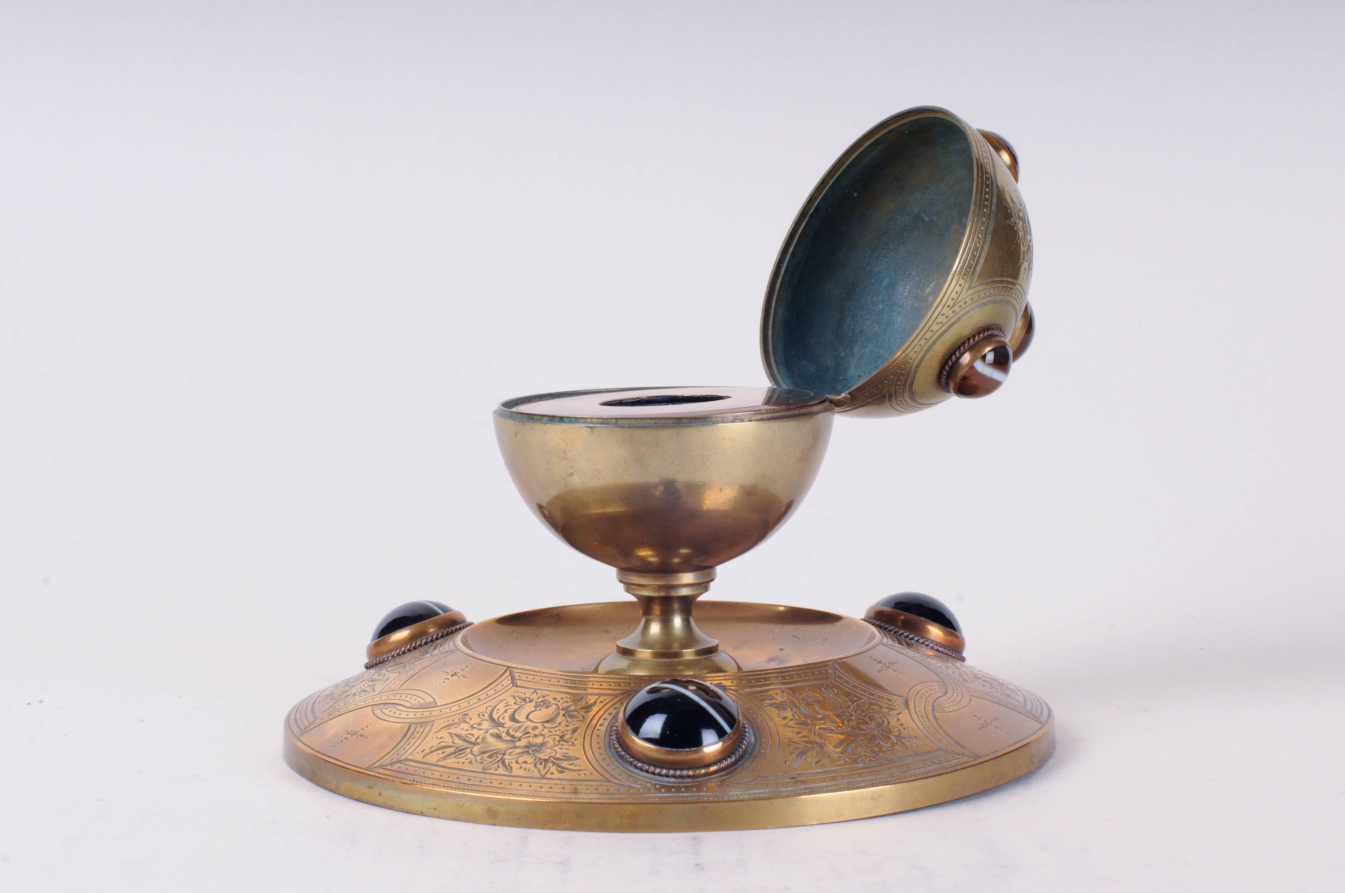 Edwardian Brass Inkwell with Tiger-Eye Cabochons For Sale