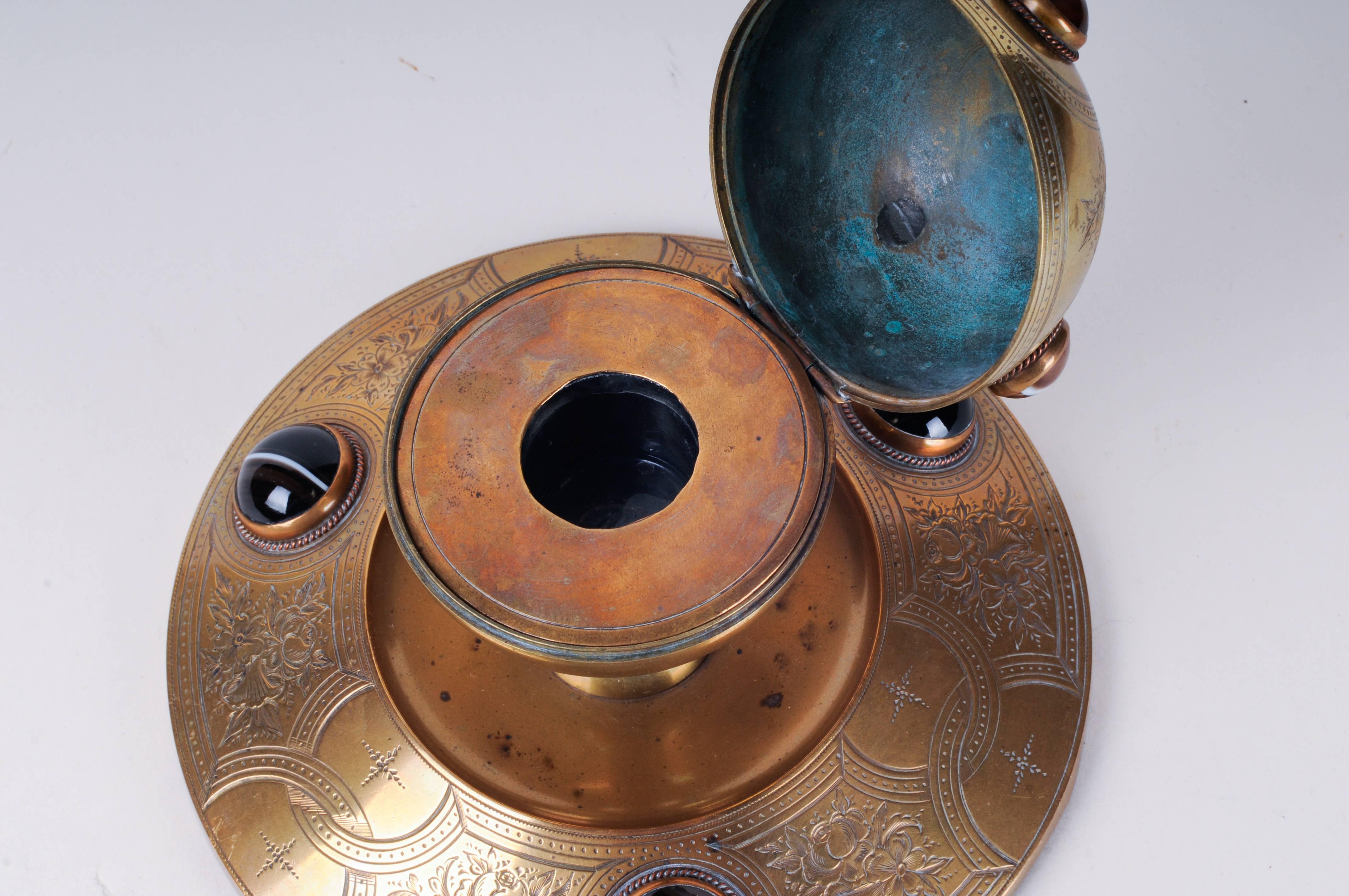 English Brass Inkwell with Tiger-Eye Cabochons For Sale