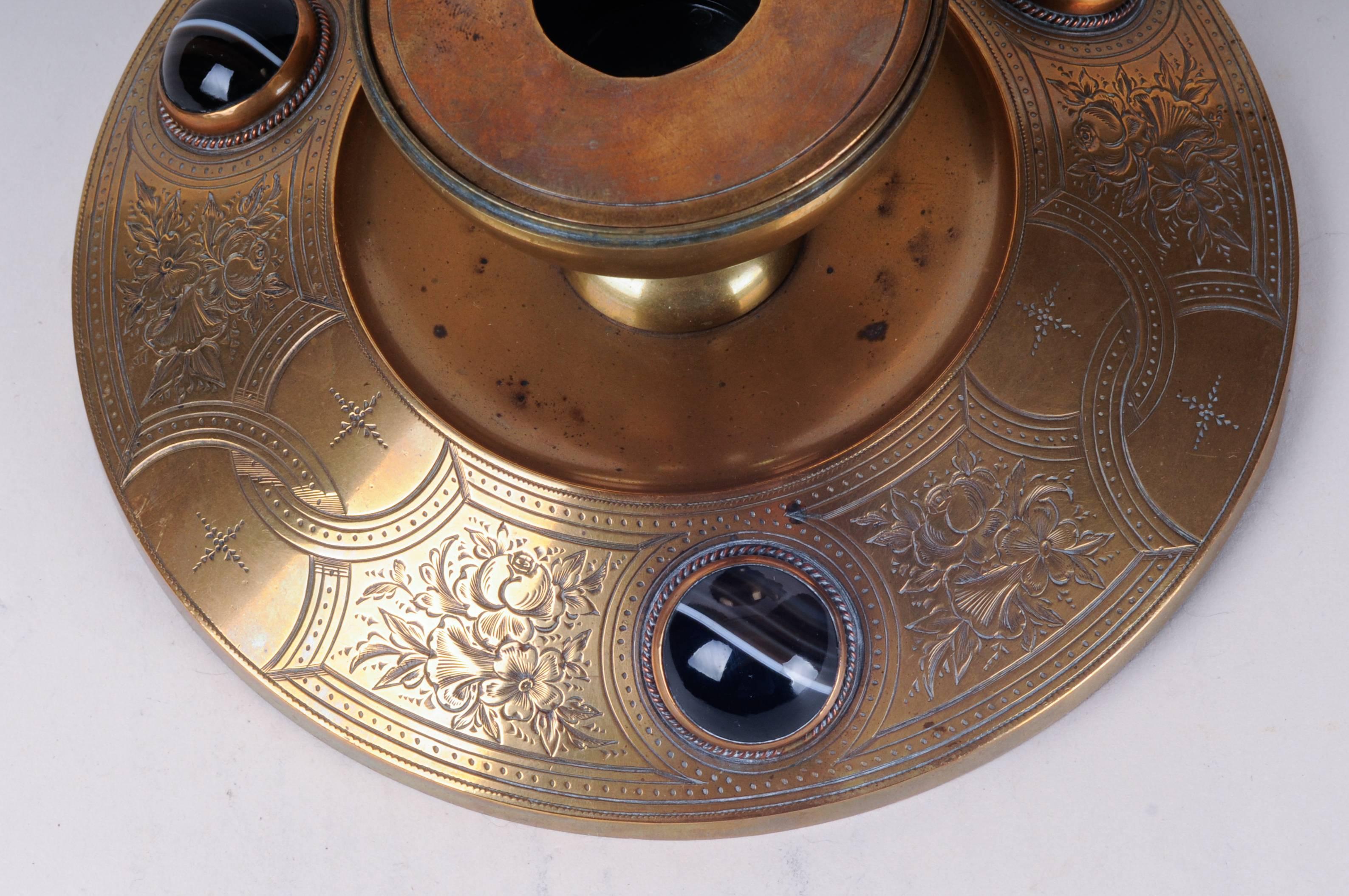 Brass Inkwell with Tiger-Eye Cabochons In Good Condition For Sale In Seattle, WA