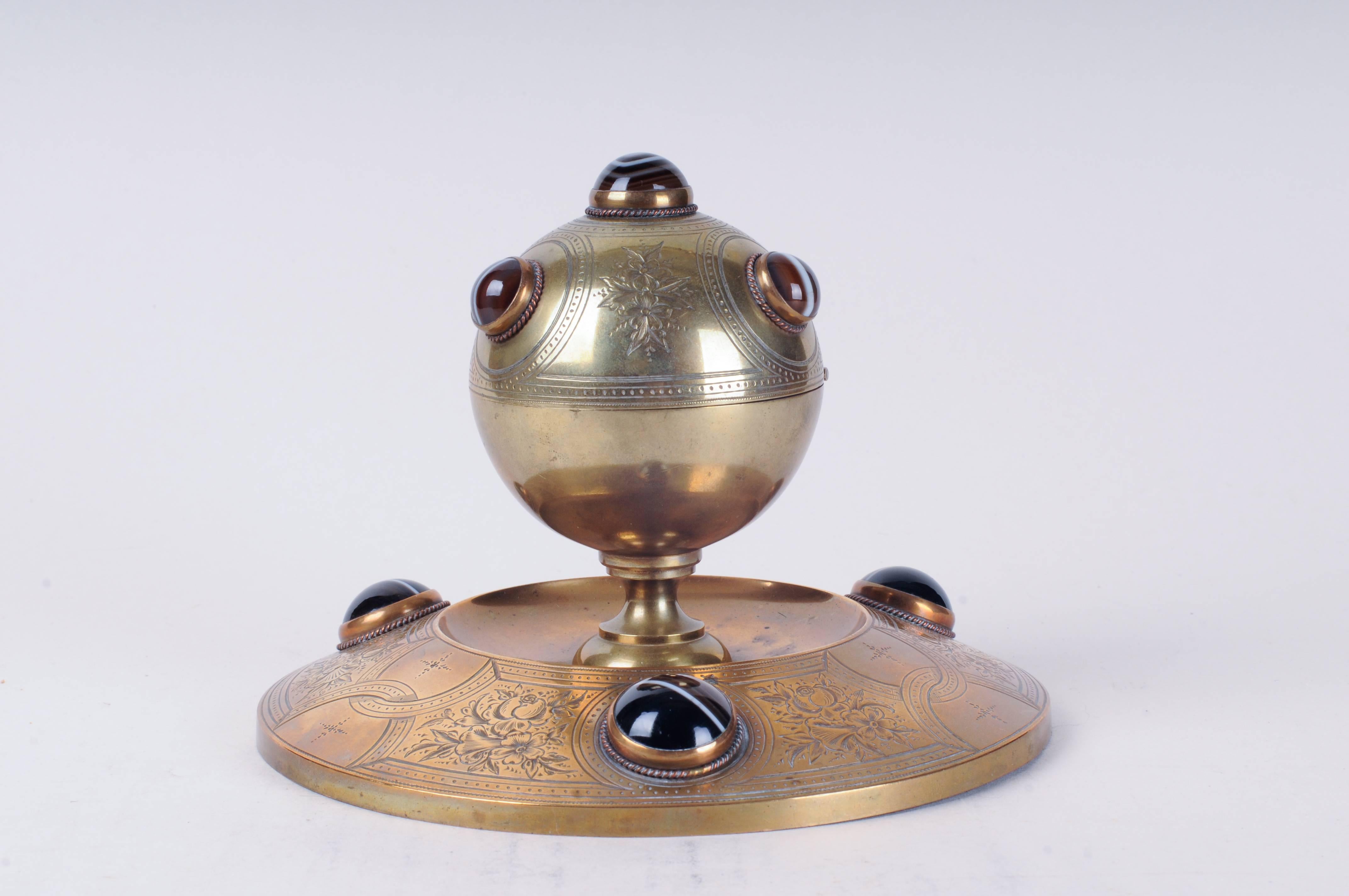 Brass Inkwell with Tiger-Eye Cabochons For Sale 1