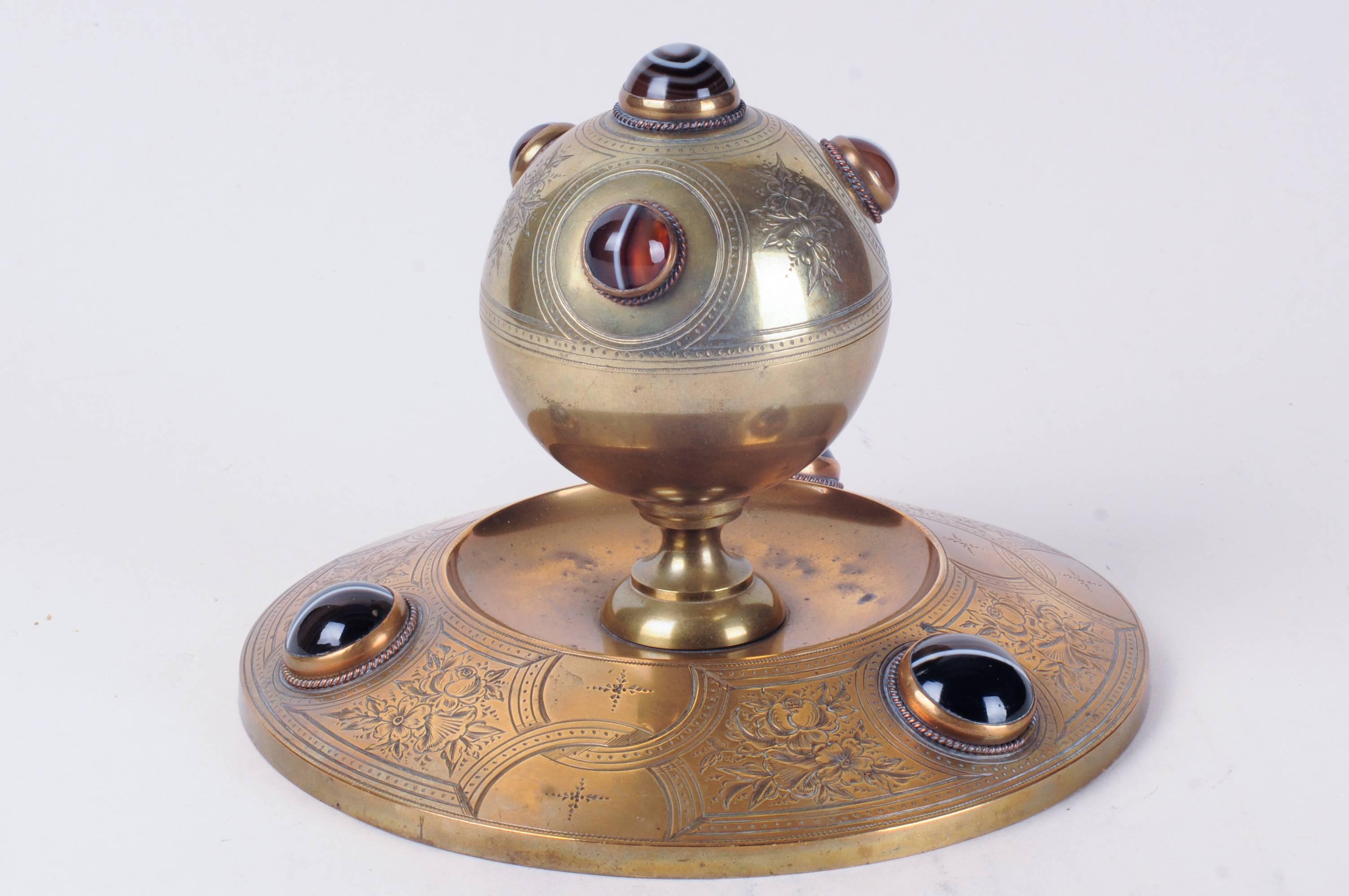 Brass Inkwell with Tiger-Eye Cabochons For Sale 2