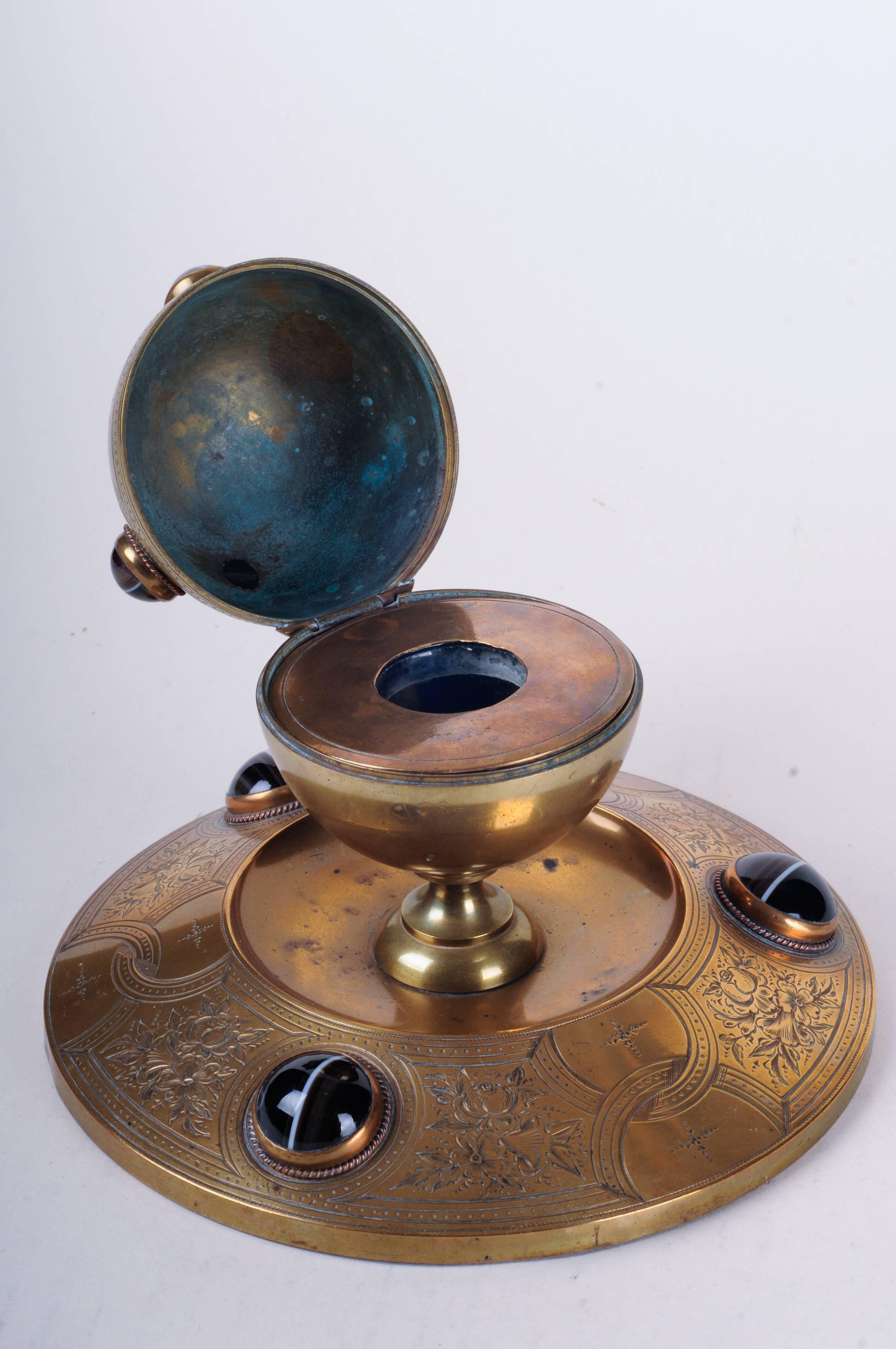 Brass Inkwell with Tiger-Eye Cabochons For Sale 3