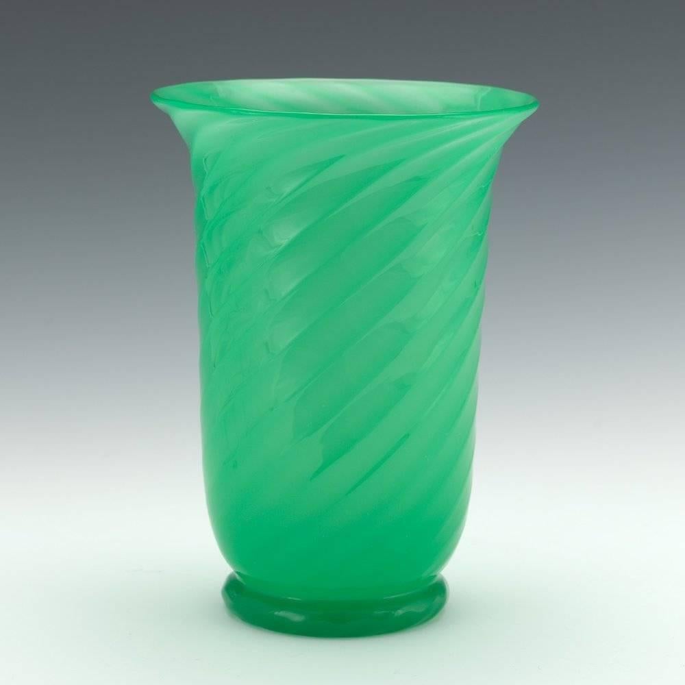 American Steuben Jade Green Ribbed Swirl Vase For Sale