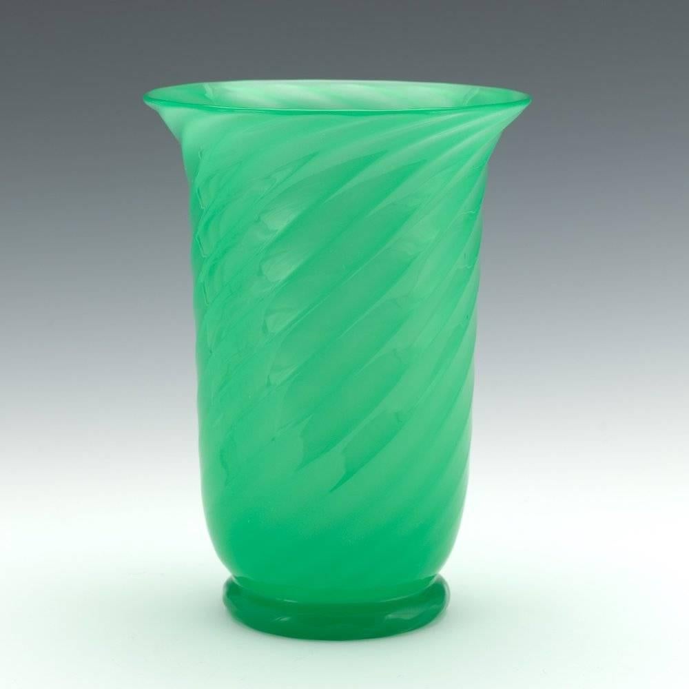 20th Century Steuben Jade Green Ribbed Swirl Vase For Sale