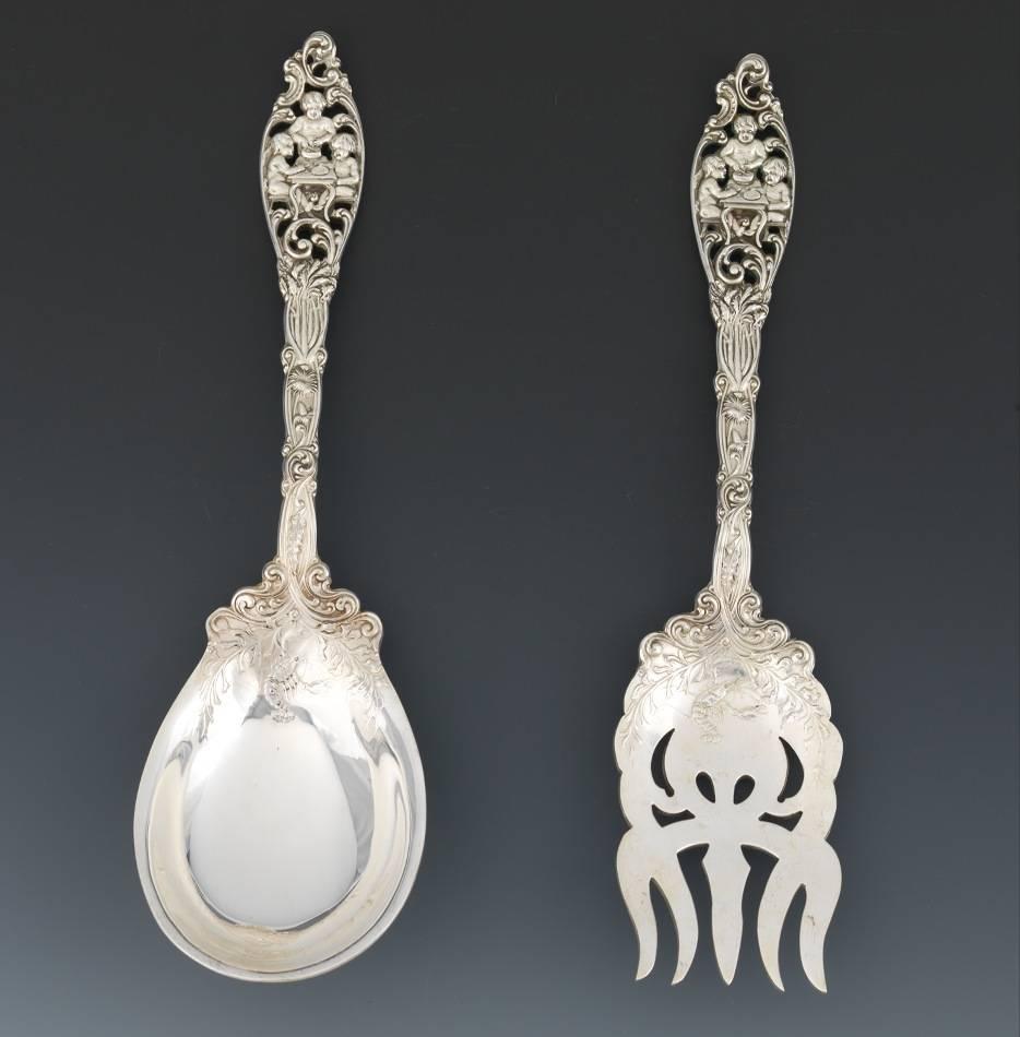American Sterling Silver Lobster Serving Fork and Spoon by Dominick and Haff For Sale
