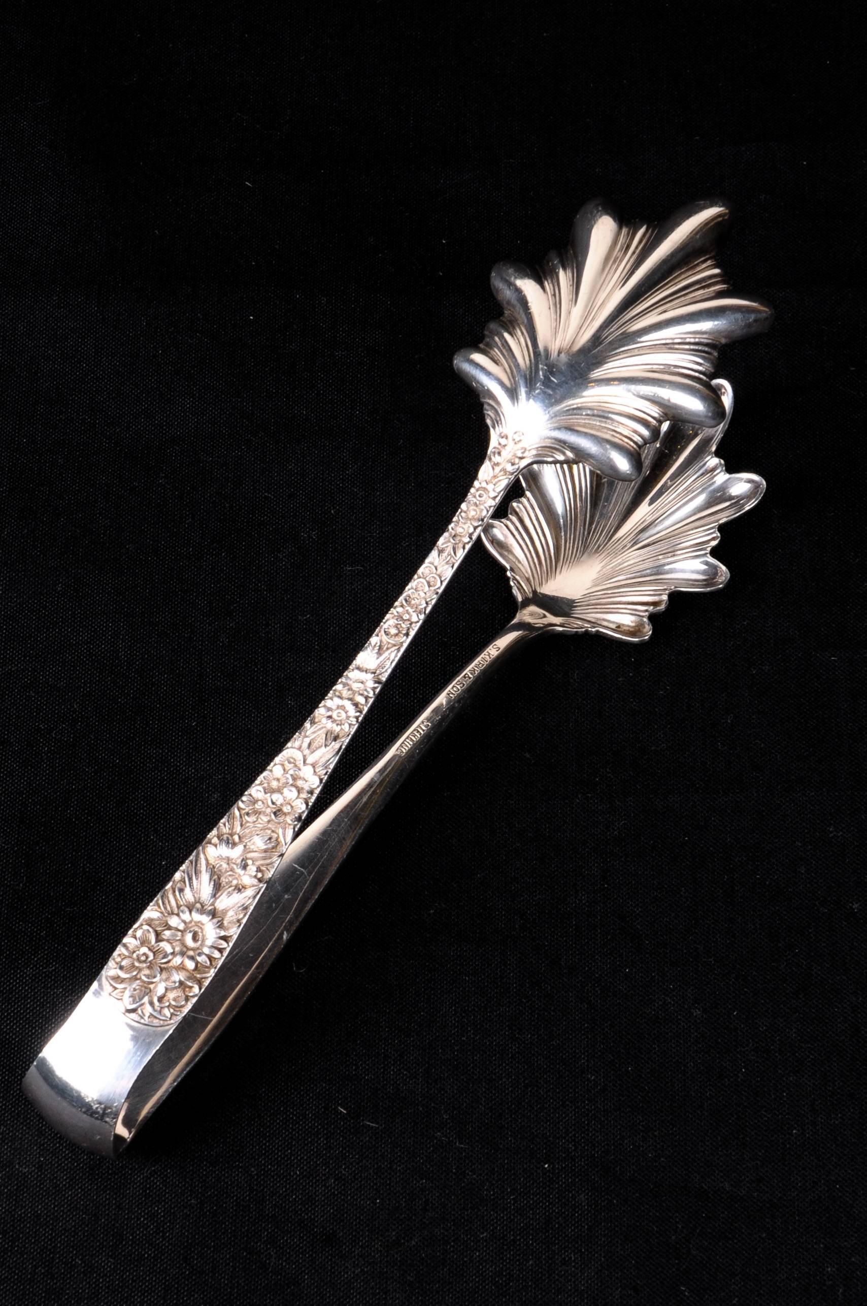 Baroque Revival Kirk & Son Repousse Rose Point Tongs For Sale