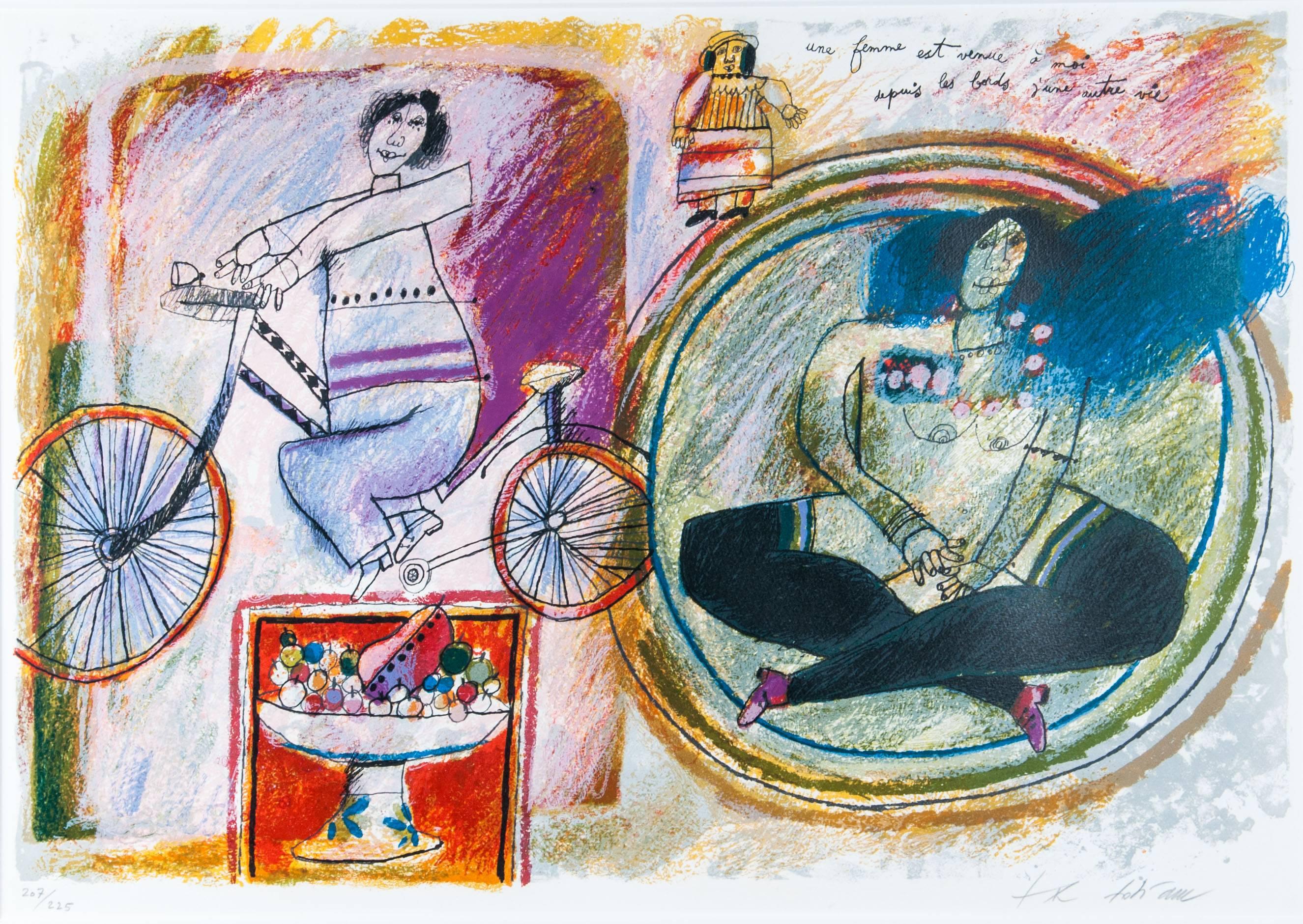 Theodore (Theo) Tobiasse (1927-2012)
Whimsical scene with three women. Pencil signed
Numbered 207/225. Custom handmade frame
France/Israel
Serigraph
Size: 22" H x 29" W

Many exhibitions and one man shows throughout the world. His