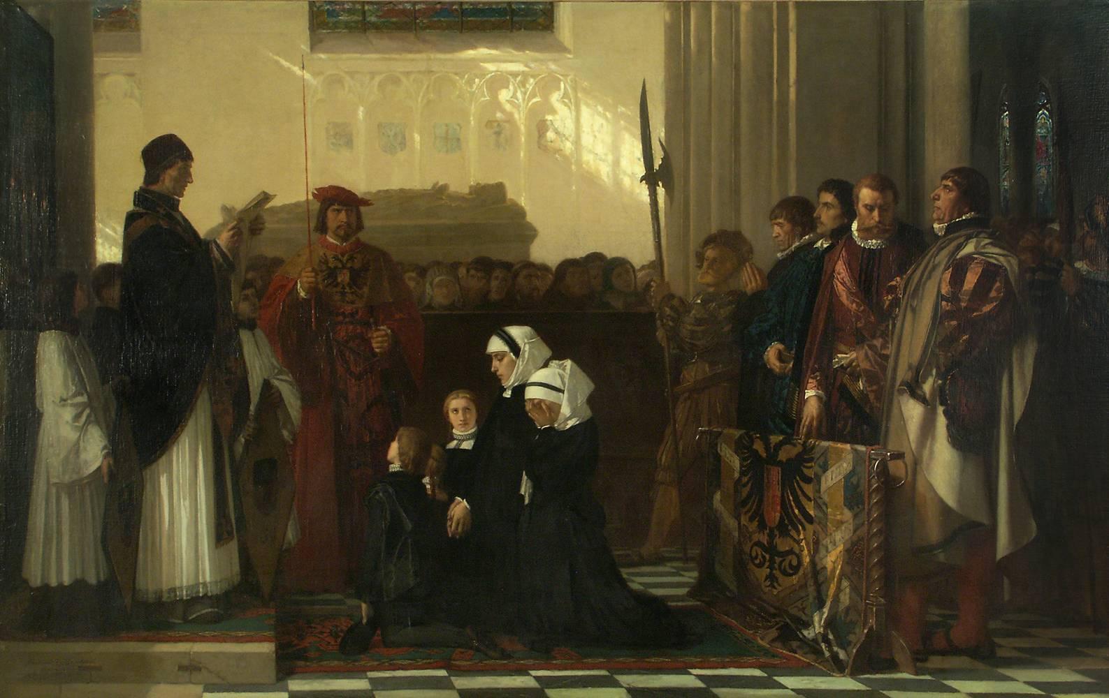 Ferdinand de Braekeleer (1792-1883). Depicting a woman and children in cathedral interior, where she is being striped of her property and titles. This scene is portraying an incident that would have occurred 300 hundred years earlier during the