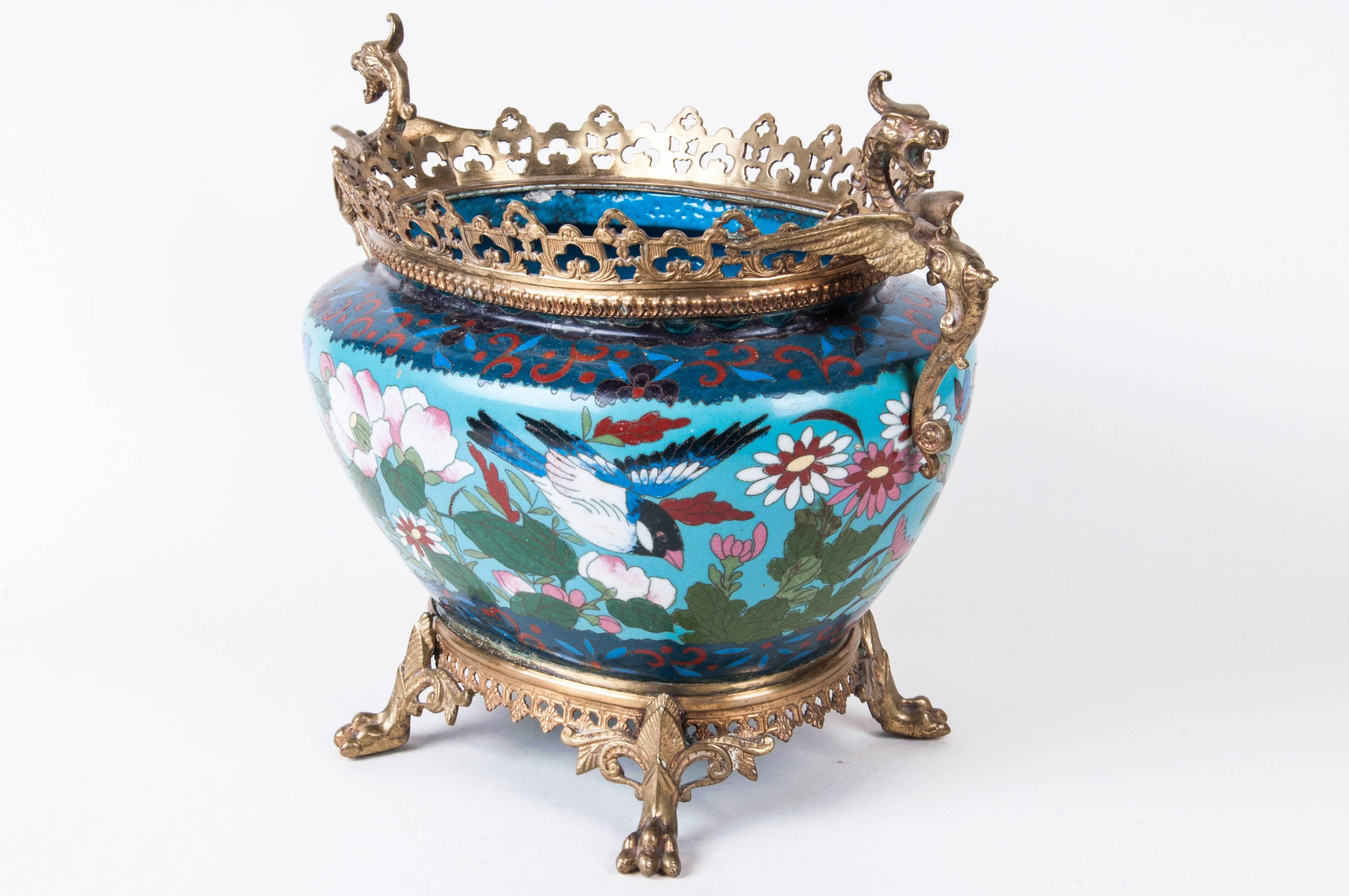 French Japonisme Ormolu-Mounted Japanese Cloisonné Cachepot For Sale 1