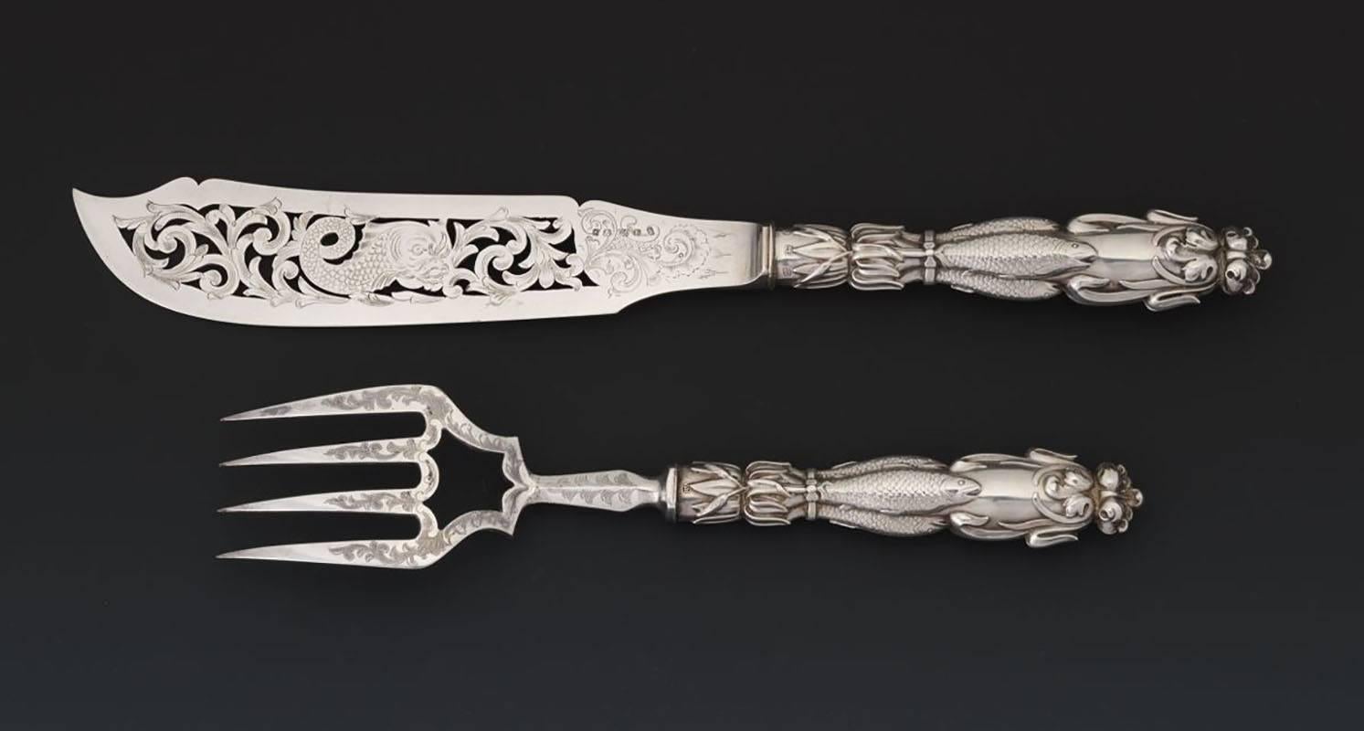 19th Century Victorian English Sterling Silver Fish Serving Set by Atkin Brothers For Sale