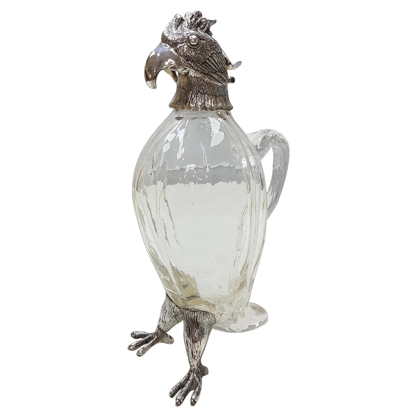 20th Century Italia Solid Silver-Cristal Jug with the Shape of a Parrot For Sale
