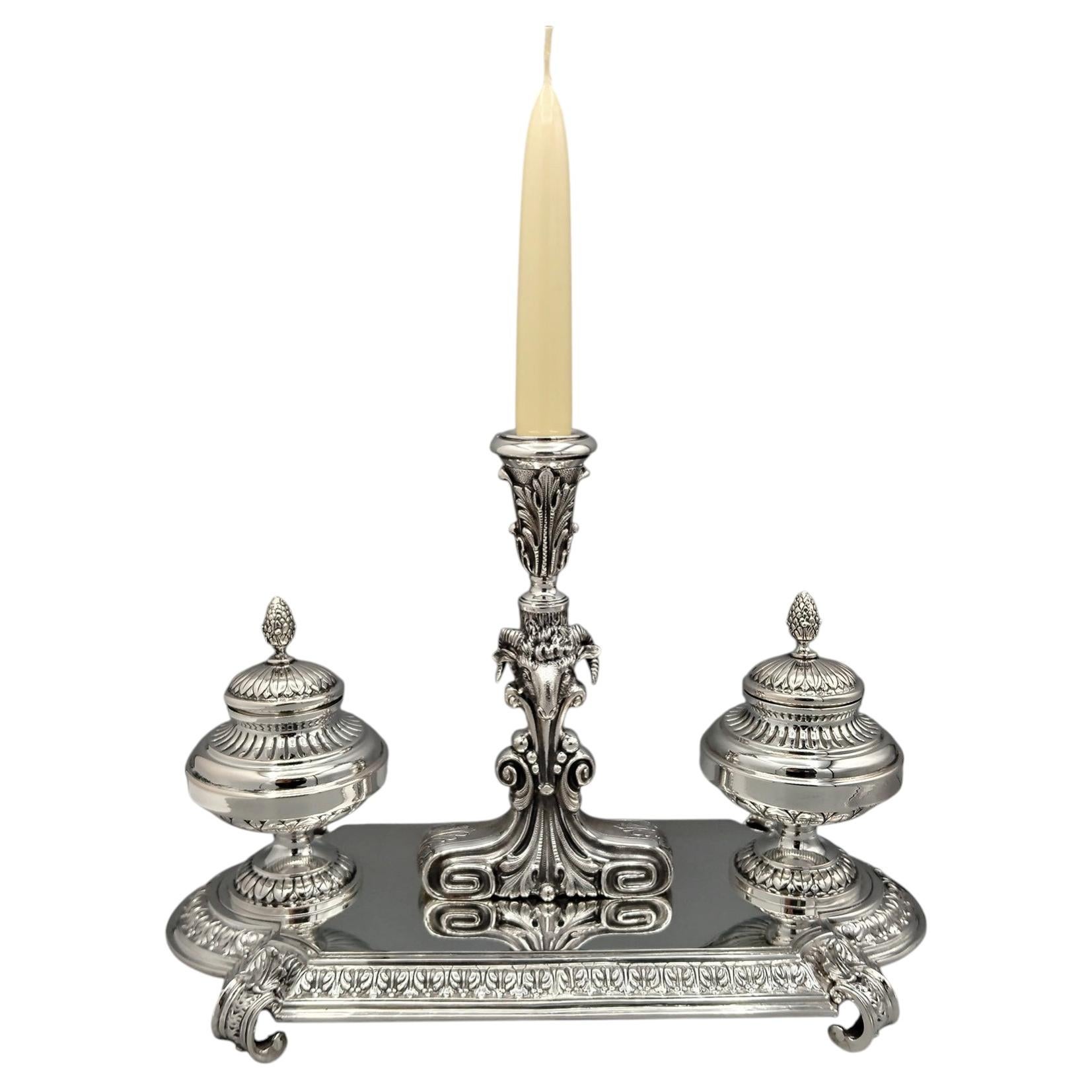 20th Century Italian Solid Silver Inkstans Empyre Style For Sale