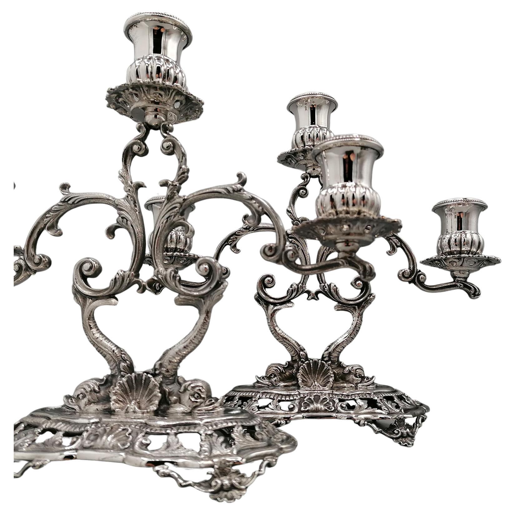 Pair of 3-lights Solid Silver Italian candelabras in Baroque style For Sale