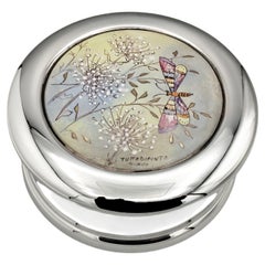 Sterling Silver round box with painted by hand cover with butterfly and flowers