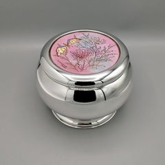 800 Silver round box with painted by hand cover with butterfly and flowers