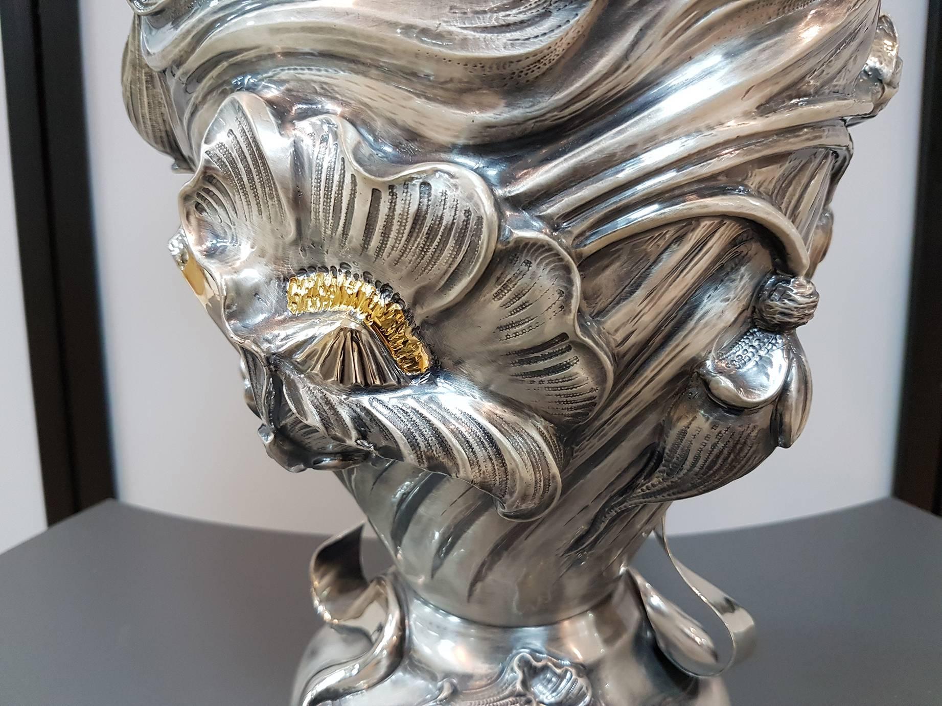 Gilt 20th Century Art Nouveau Revival Italian Sterling Silver Vase  For Sale