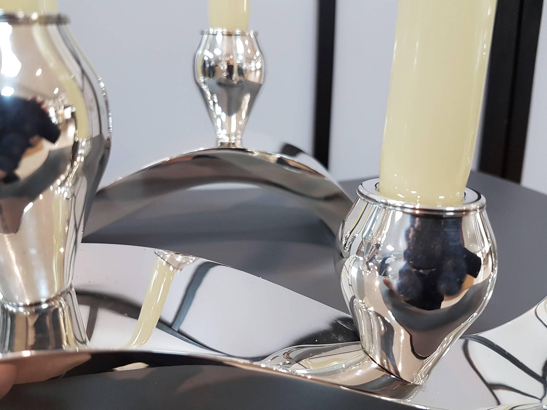 Late 20th Century 20th Century Italian Sterling Silver Modern 3 Light Candelabras.  For Sale