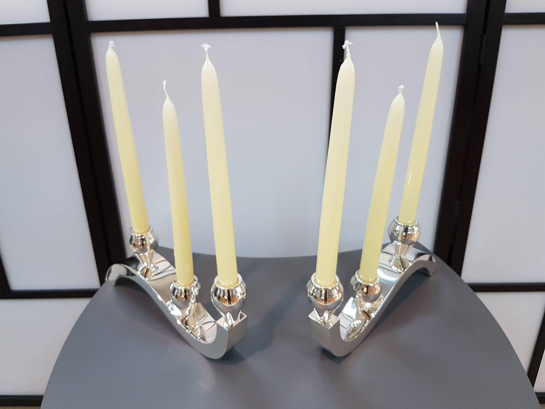 20th Century Italian Sterling Silver Modern 3 Light Candelabras.  For Sale 4